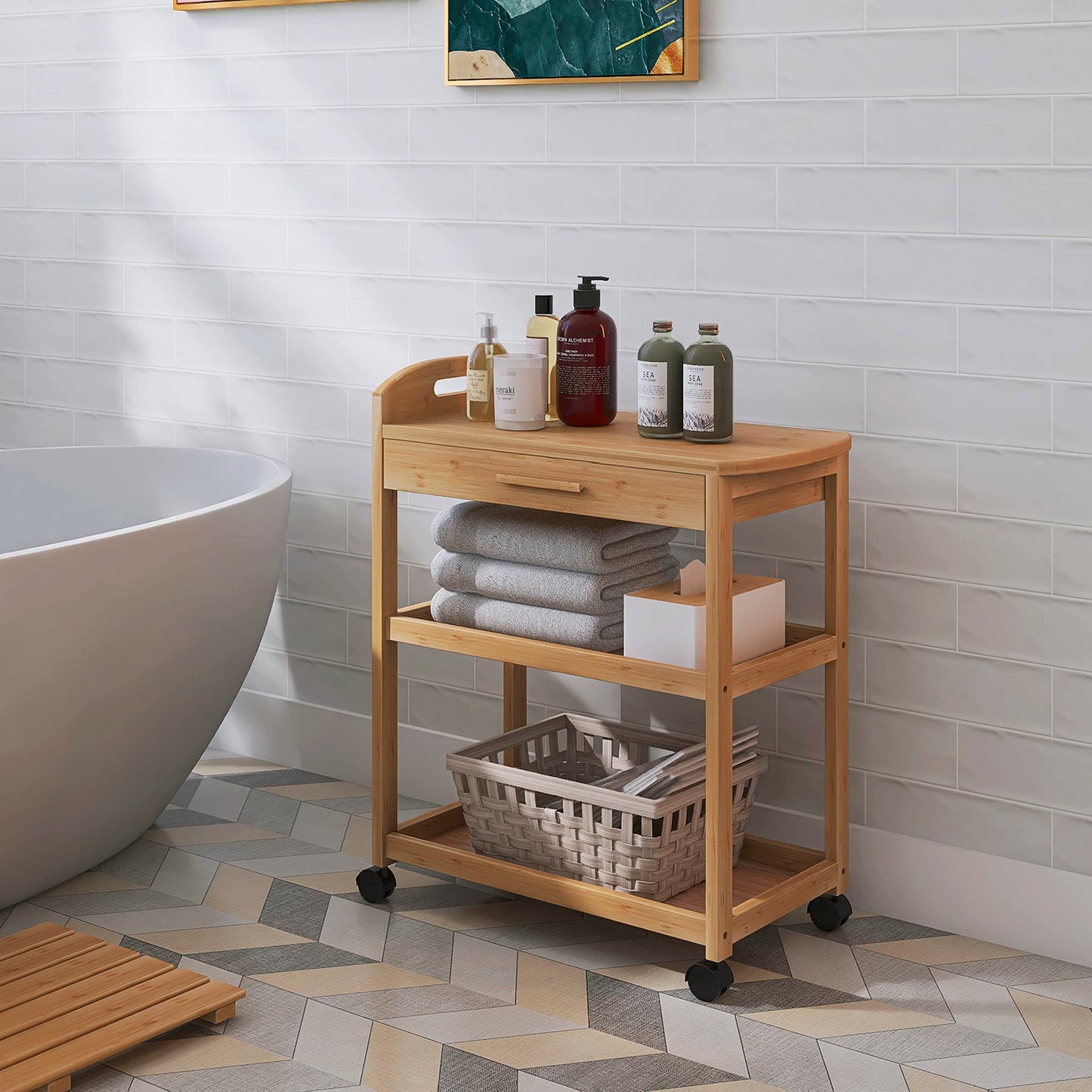 SMIBUY Kücheninsel Wagen auf Rädern mit Lagerung Schublade & Regale, Bambus 3-Tier Rolling Utility Serving Rack mit Massivholz Arbeitsplatte & Lockable Casters (Natural)
