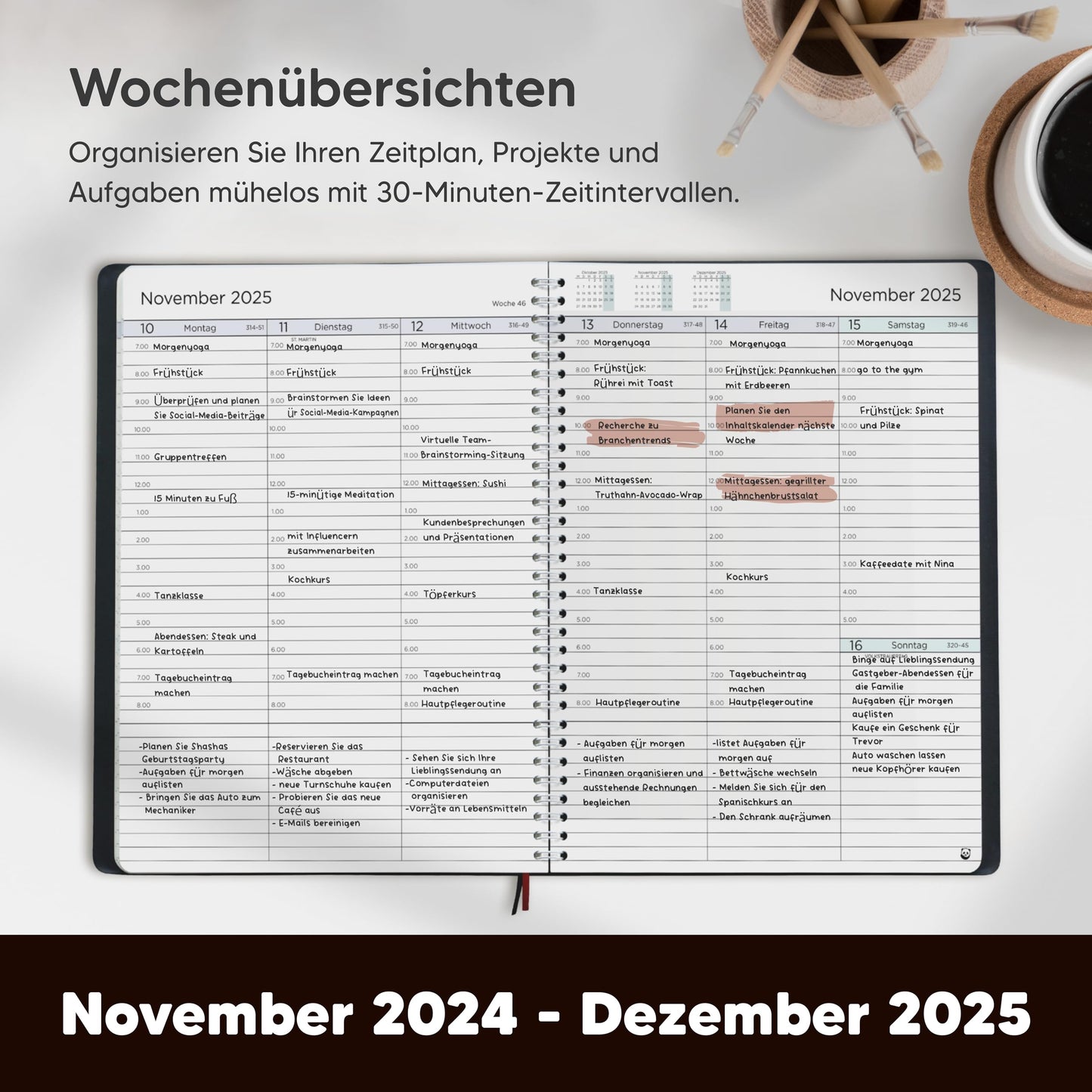 Terminplaner 2025 A4 von Smart Panda – Wochenplaner A4, Kalender 2025 – Softcover Tagebuch, 30 Minuten-Intervalle – Terminkalender, Planer 2025 – auf Deutsch