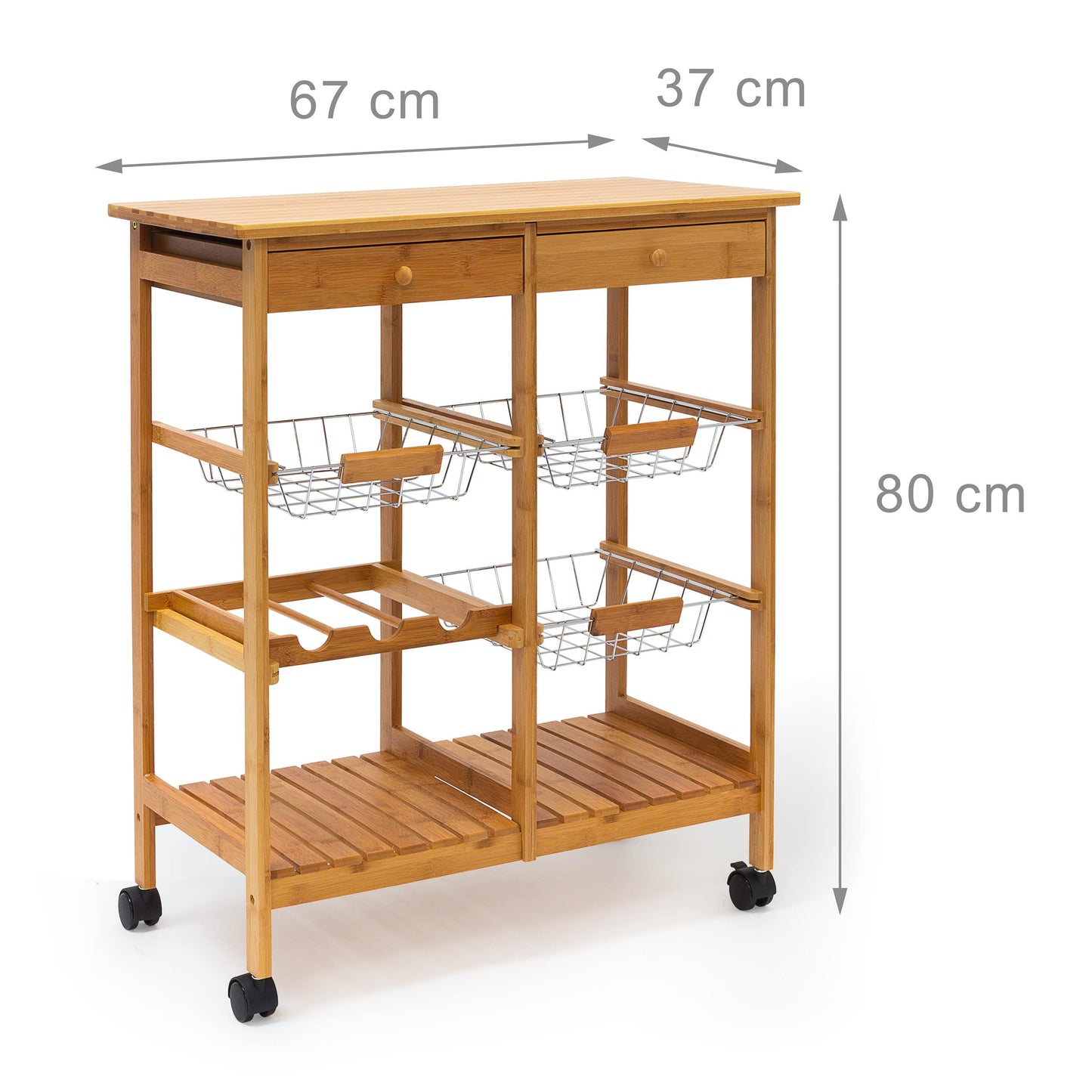 Relaxdays Küchenrollwagen James XXL H x B x T: ca. 80 x 67 x 37 cm Servierwagen mit Ablagen aus Bambus mit 2 Schubladen und 3 Körben als rollbarer Küchenwagen mit Weinregal bzw. Flaschenregal, natur