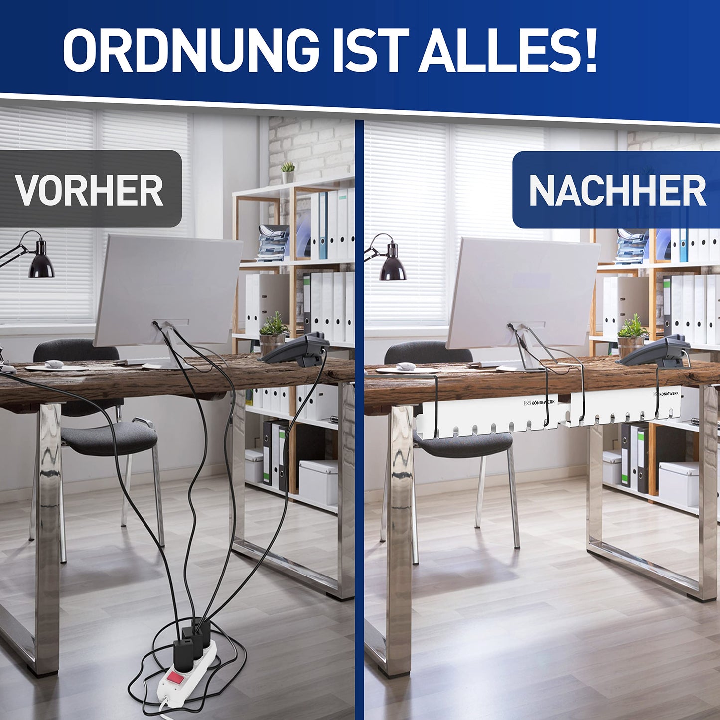 Königwerk Kabelkanal Schreibtisch fürs Kabel Management - Inkl. Zubehör - Tisch Kabelführung Kabelmanagement durch Kabelschacht - Cable Organizer Desk, Weiß