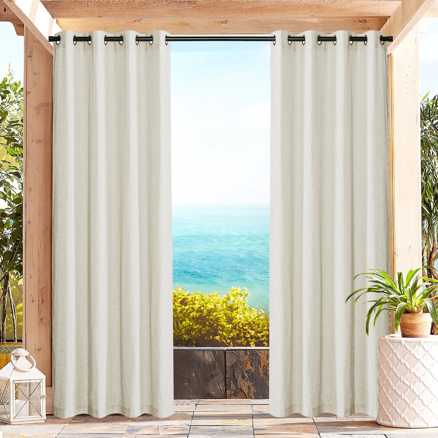 PONY DANCE Outdoor Vorhang mit Ösen 2er Set Terrasse Vorhänge Leinen Boho Outdoor Gardinen Beige Halbtransparent Outdoorvorhänge für Draußen & Pavillon, H 213 x B 140 cm