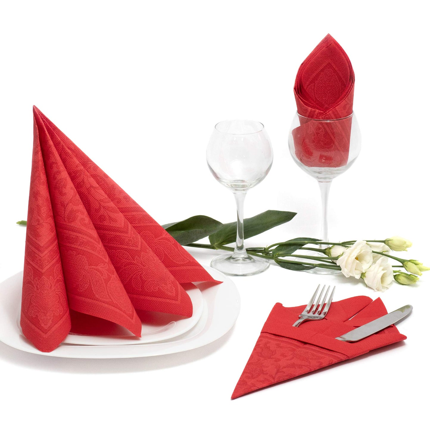 Papstar Servietten / Tissueservietten rot "Royal Collection", "Ornaments" (50 Stück) 40 x 40 cm, 1/4-Falz, für Gastronomie, Haushalt oder Feste, FSC-zertifiziert, Stoffoptik, #11667
