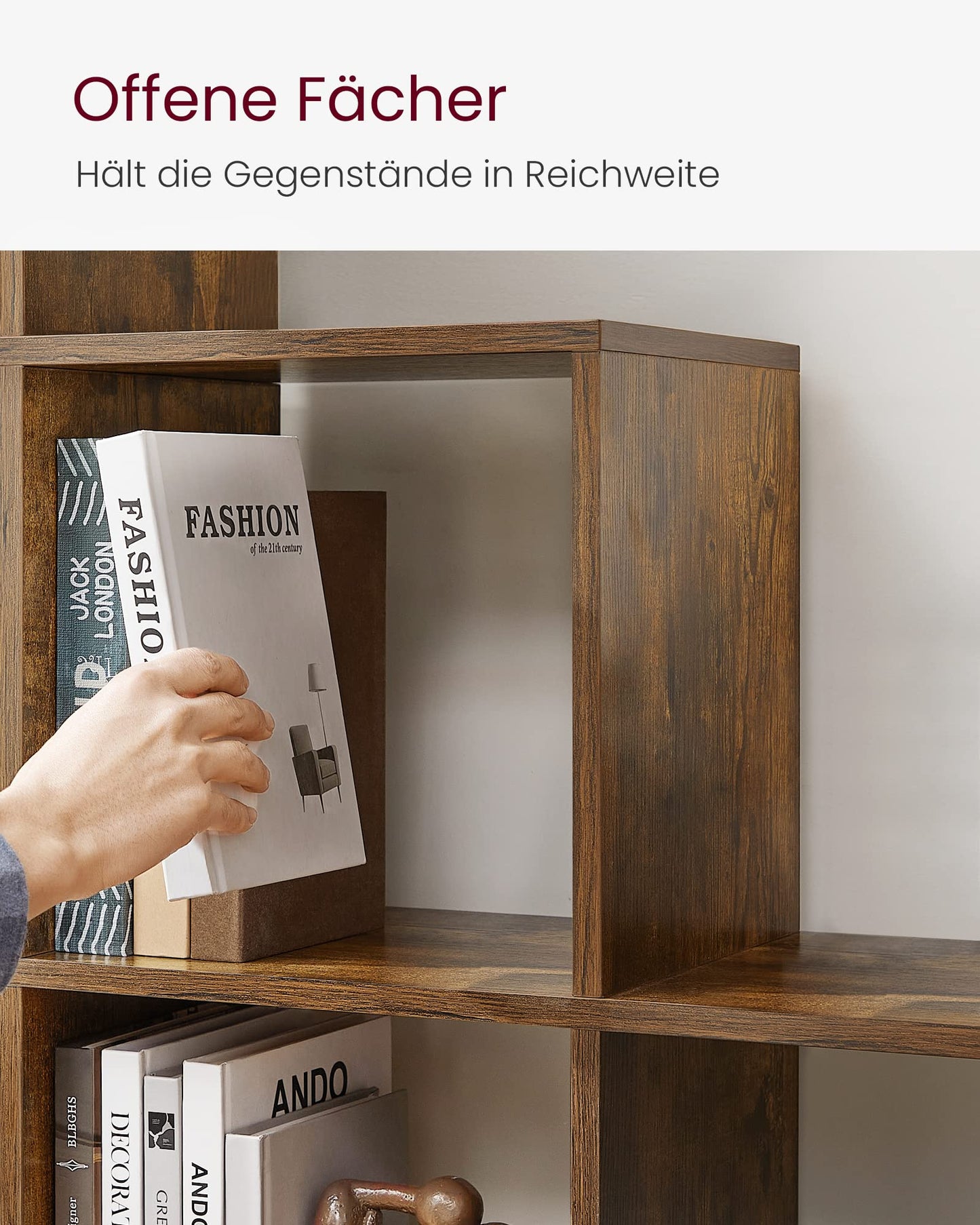 VASAGLE Bücherregal mit 10 Fächern, Regal offen, Stufenregal, Ordnungssystem für Deko, Fotos, Pflanzen, Wohnzimmer, Schlafzimmer, Arbeitszimmer, 29 x 129,5 x 129,5 cm, vintagebraun LBC10BX