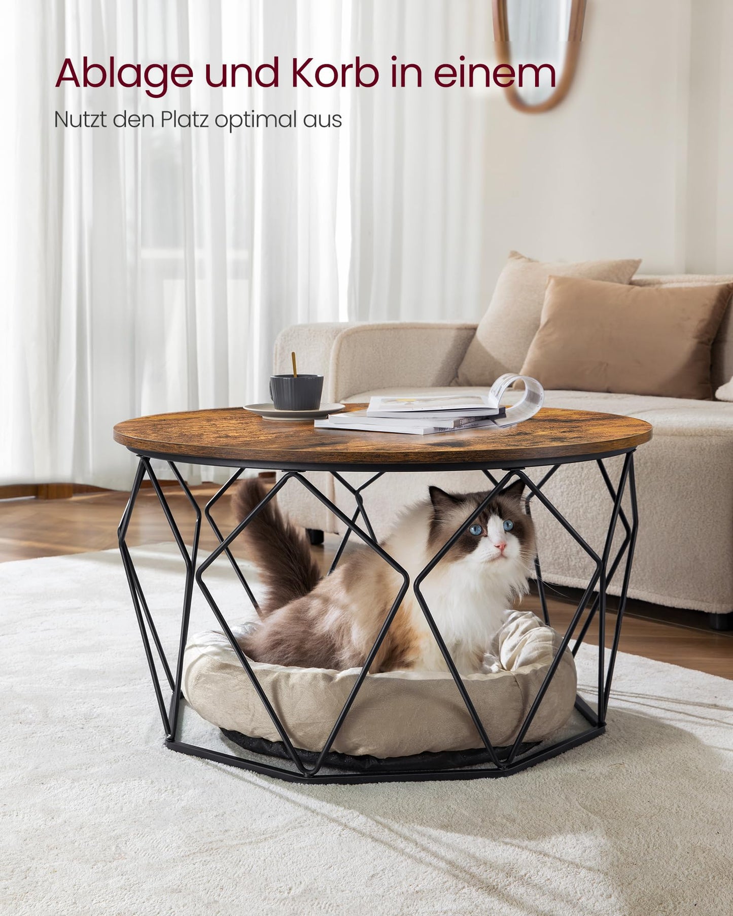 VASAGLE Runder Couchtisch, Braun, Industrie-Design, Beistelltisch mit Stahlgestell und Aufbewahrung, für Wohnzimmer und Schlafzimmer