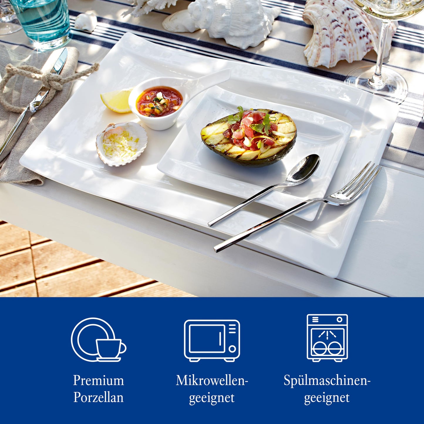 Villeroy & Boch – New Wave Frühstücksteller, Eckiger Teller, Teller Rechteckig Weiß, Grillteller, Kuchenteller, Geschirr Keramik, Essteller, Speiseteller, Premium Porzellan