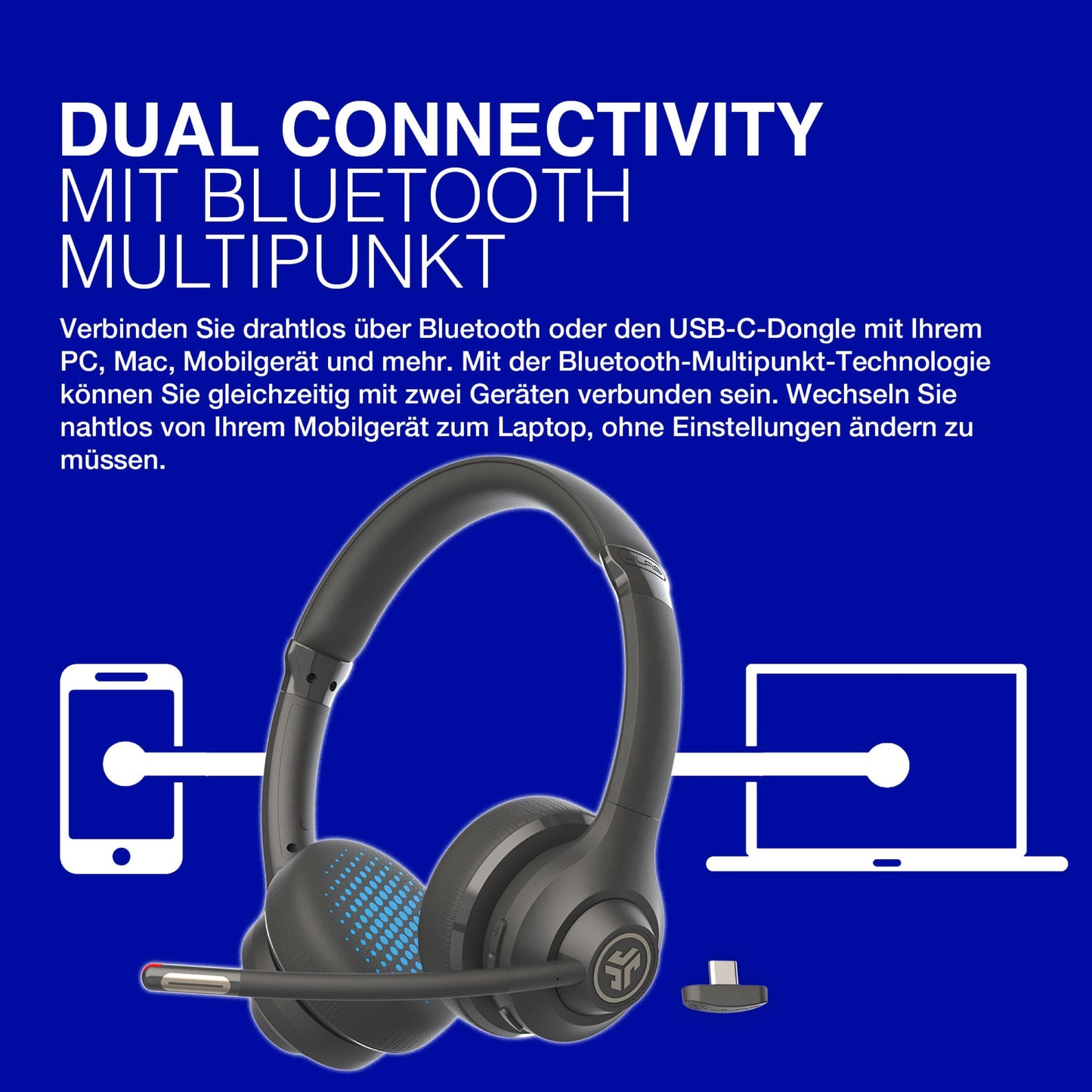 JLab Go Work 2nd Gen Headset mit Mikrofon Bluetooth & USB C Dongle, 55+ Std. Akku, Wireless Headset, On Ear PC Headset mit Mikrofon und Multipoint, kabellos oder mit Kabel, Headset für Handy, Büro