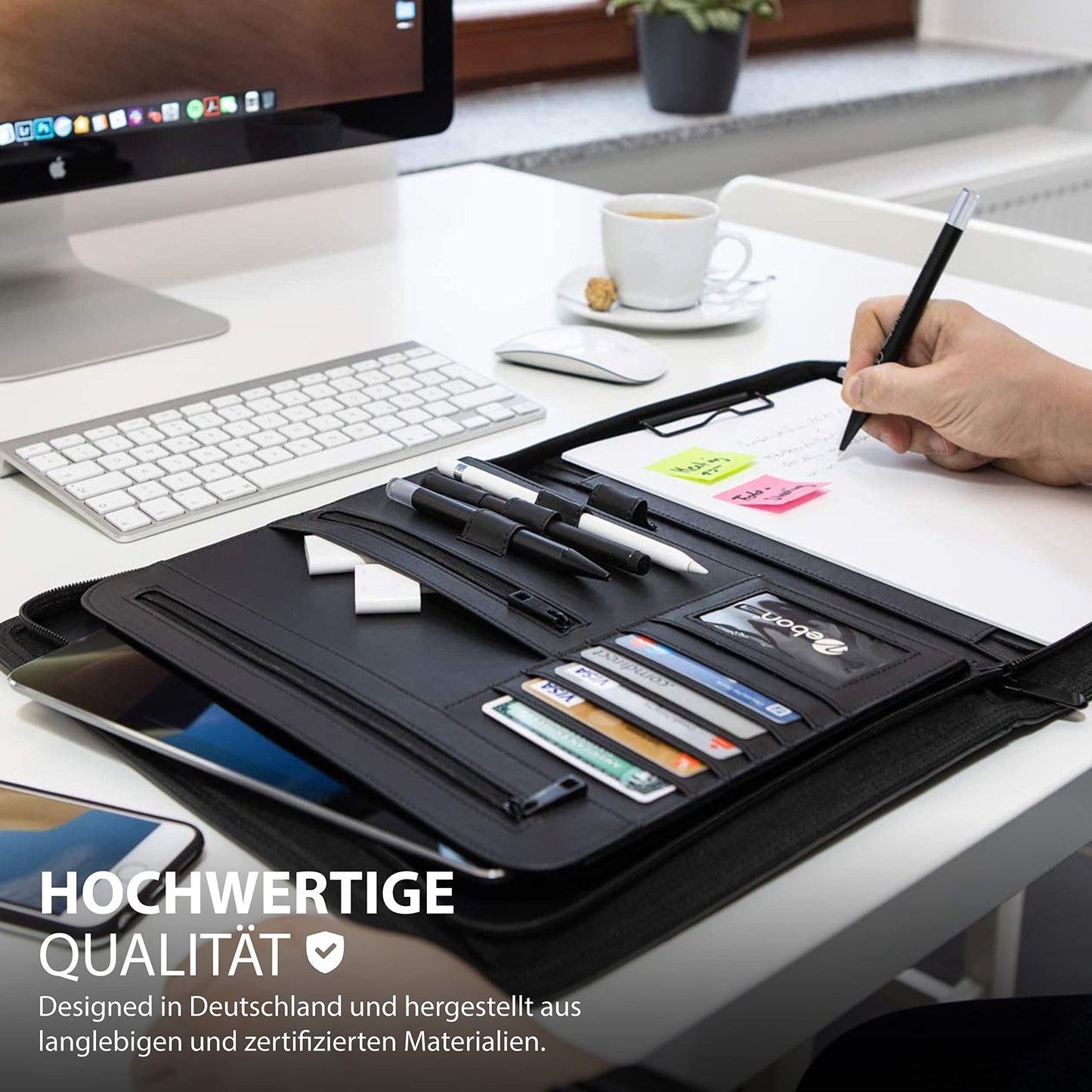 Vebon® Schreibmappe A4 groß"New York" I Veganes Leder, Reißverschluss + Klemmbrett I Konferenzmappe + Laptoptasche I extra Stauraum I Schwarz