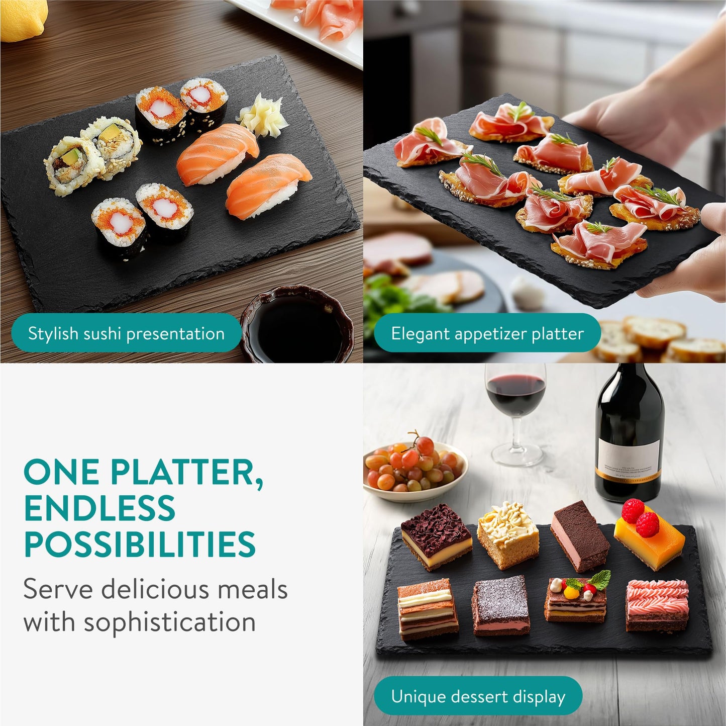 Navaris Schiefer Teller Platzset 8-teilig inkl. Kreide - 30x20cm Schieferplatten 8x Servierplatte - Servierteller Schieferplatte Sushi Geschirr eckig