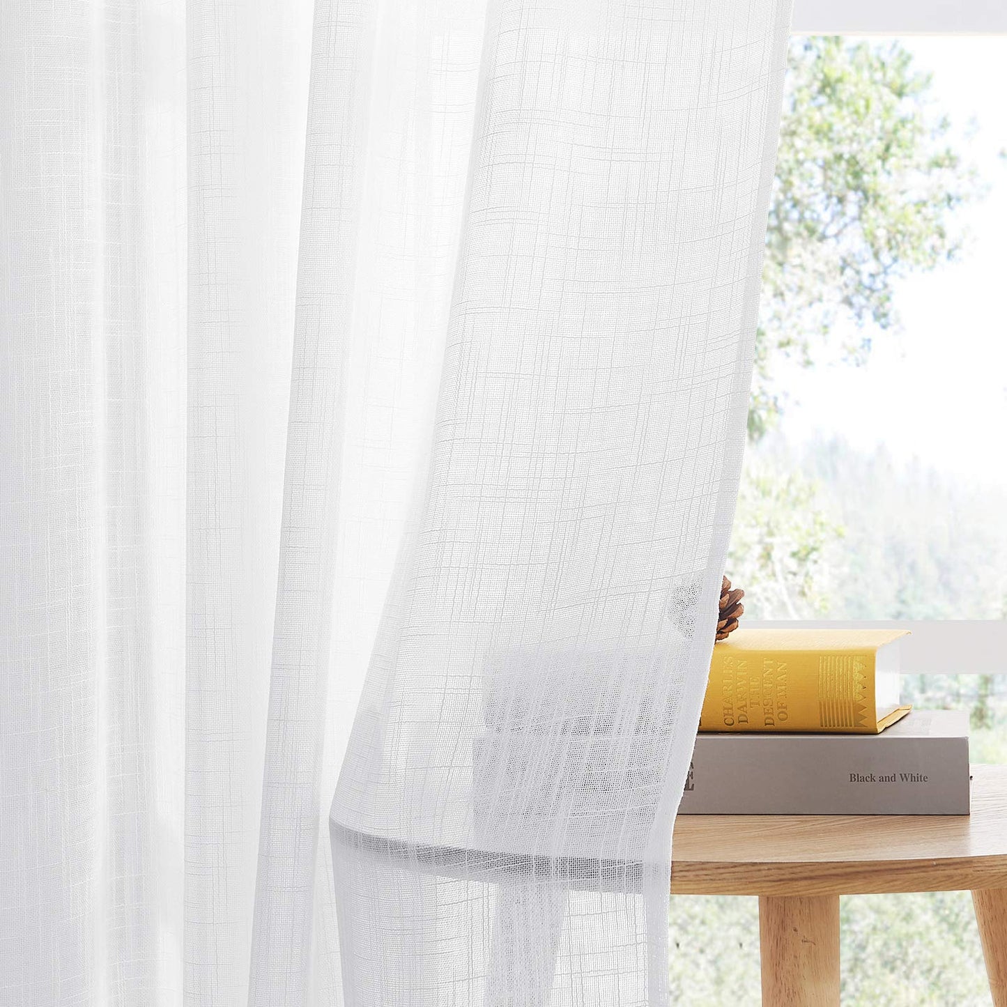 PONY DANCE Leinenoptik Vorhänge Wohnzimmer Schlaufenschal 2er Set H 220 x B 140 cm Voile Gardinen Halbtransparent Dekoration