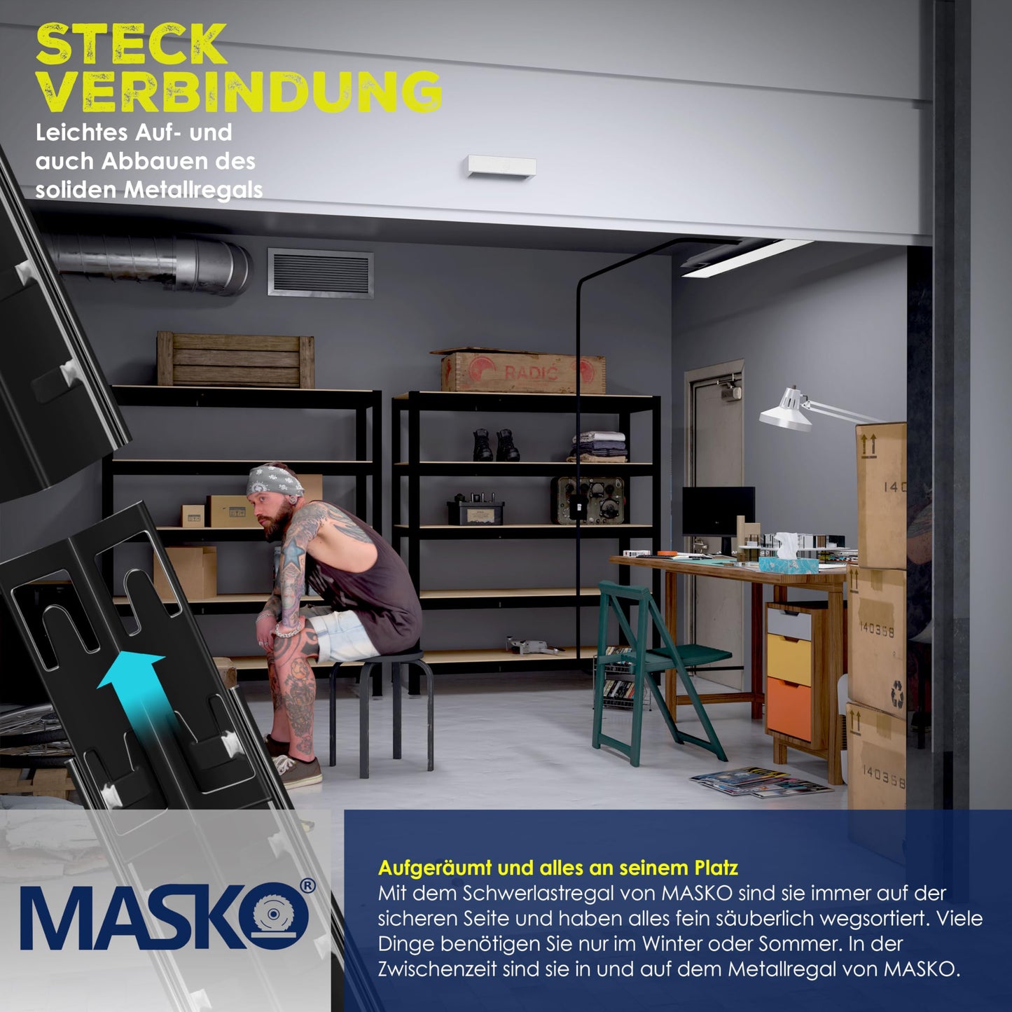 MASKO® Schwerlastregal Lagerregal Kellerregal 180x160x60cm, 1500kg belastbar, 5 verstellbare Ablagen, MDF-Platten Regal aus Metall, Steckregal, Werkstattregal Stahlgestell Garage Werkbank Schwarz