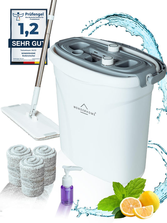 WONDERHOME Wischmopp Set mit Eimer – Bodenwischer mit 3-Kammersystem - Wischer mit großvolumigen Putzeimer - Mopp-Set - Wischmopp mit Auswringfunktion - Hydro Inkl. Seifenspender