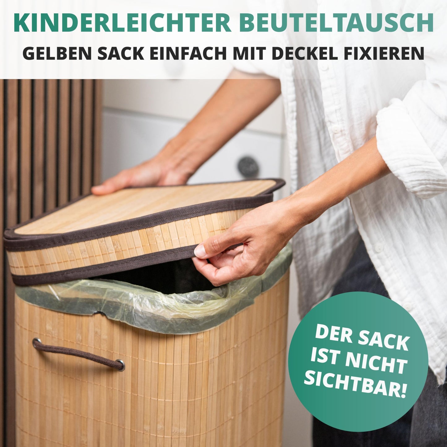 HOMELYN Gelber Sack Ständer I 80L, aus Bambus I Stabiler Müllsackständer mit Deckel I Extra für gelbe Säcke I Gelber Sack Mülleimer I Behälter gelbe Säcke für Küche & Haushalt
