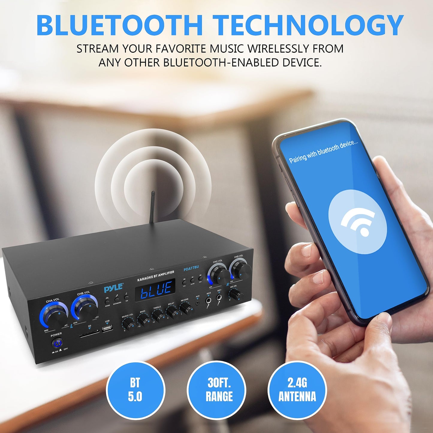 Pyle 800-Watt Heimkino-Verstärker Stereo-Receiver mit Bluetooth-Streaming, unabhängiger Mikrofon-Echo- & Lautstärkeregelung, MP3/USB/SD/AUX/FM-Radio