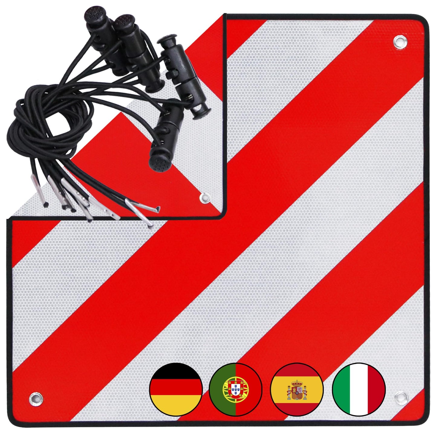 Mucola Warntafel 2in1 Spanien & Italien inkl. 4x Spanngurte reflektierend Heckträger Wohnmobil Wohnwagen Warnschild 50x50 cm