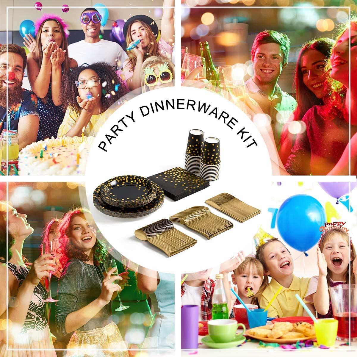 141Stück Schwarzesgold Partygeschirr,Partyzubehör Pappteller Set,Wiederverwendbar Papier Geschirr Set einschließlich Tischdecke Teller Becher Servietten zum Geburtstag,Hochzeiten,Jubiläums(20 Gäste)