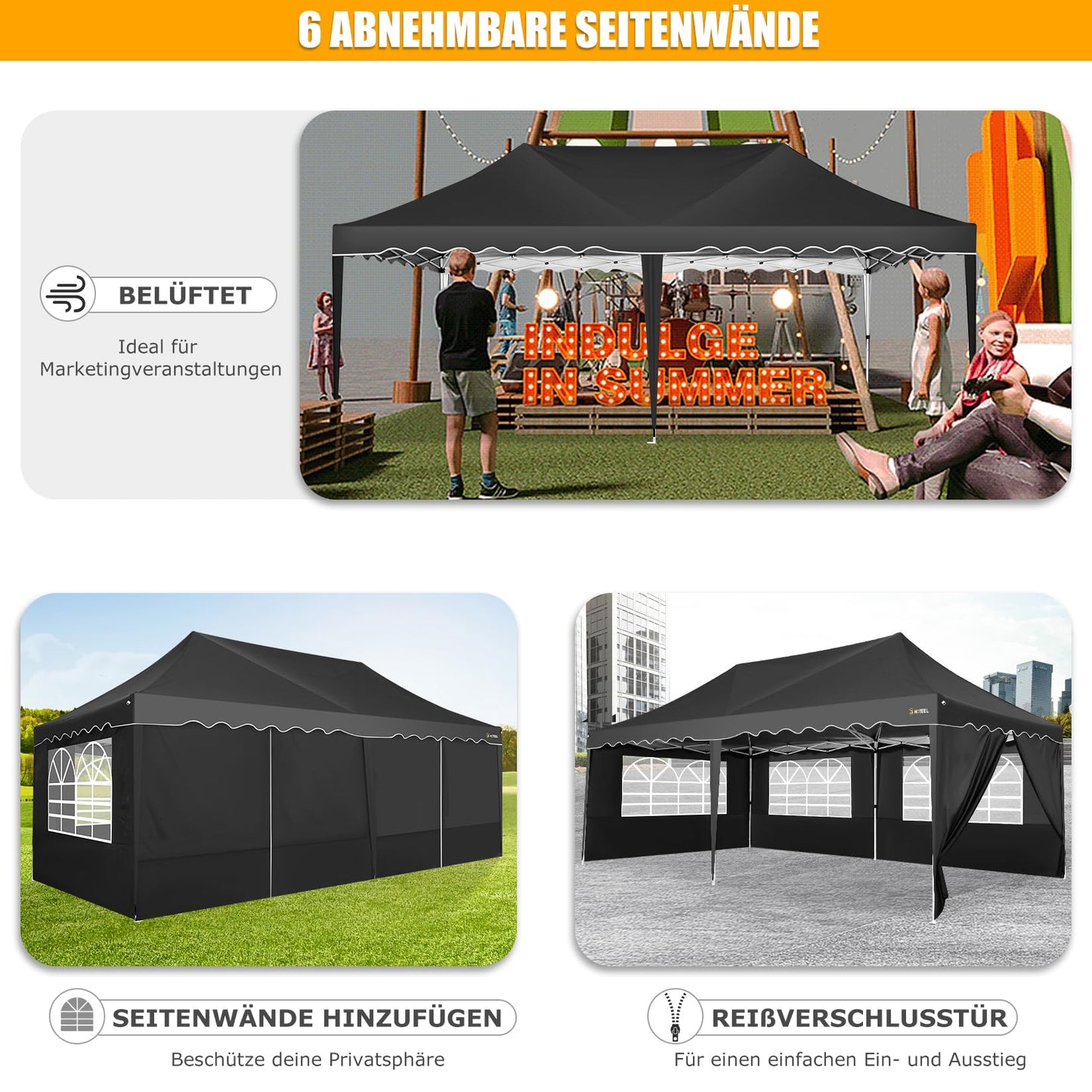 HOTEEL Pavillon 3x6 Faltpavillon 3x6 Wasserdicht Stabil, Partyzelt Faltbar Anti-UV 50+ Pop Up Gartenpavillon mit 6 Seitenwänden, 4 Sandsäcke, Tasche mit Rollen, für Hochzeiten Partys Markt, Schwarz