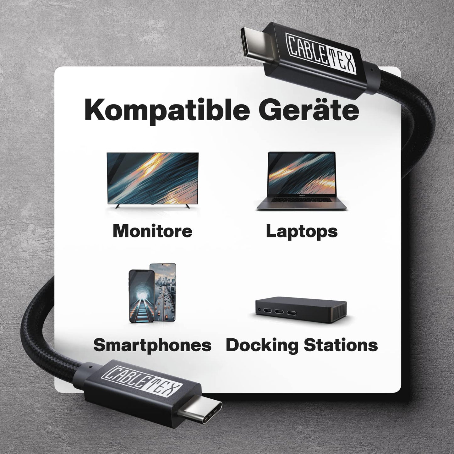 CABLETEX USB C Kabel zu Typ-C 3.2 Gen 2 100W Power Delivery für Thunderbolt 3 Monitorkabel Bildschirme/Displays, Ladekabel, 10GBit/s, 1m, Video- und Audioübertragung - Schwarz