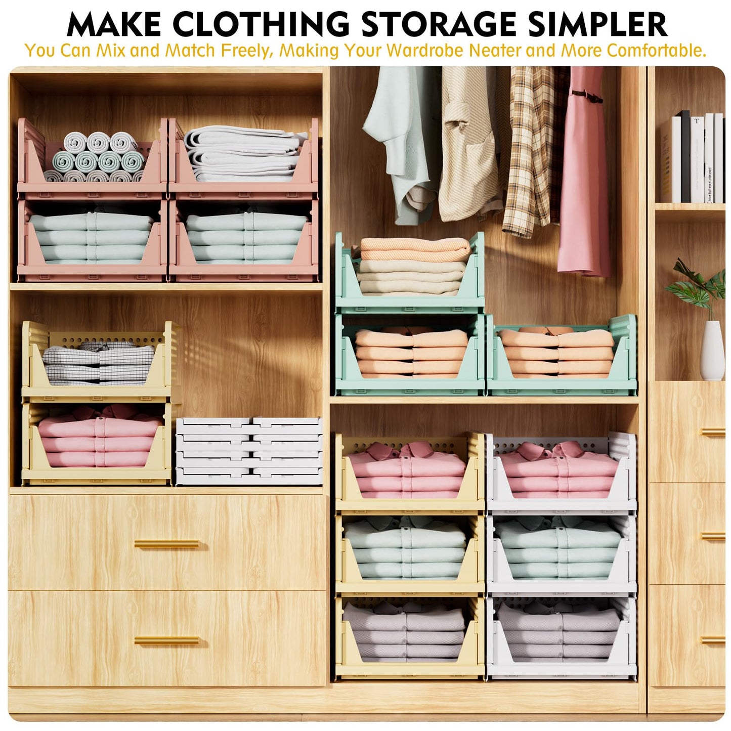 SNSLXH 5 Pack Stapelbar Schrank Kleiderschrank Organizer, Multifunktionale & Faltbare Schrank Organizer für Bad Küche Kleiderschrank Lagerung, Platzsparende Schrank Schublade aufbewahrungsbox, Weiß