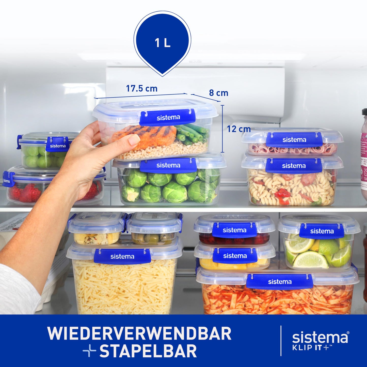 Sistema KLIP IT PLUS Frischhaltedosen Set | 1 l rechteckig | auslaufsichere, stapelbare und luftdichte Vorratsdosen mit Deckel | geeignet für Kühl-/Gefrierschrank | BPA-frei | 3 Stück