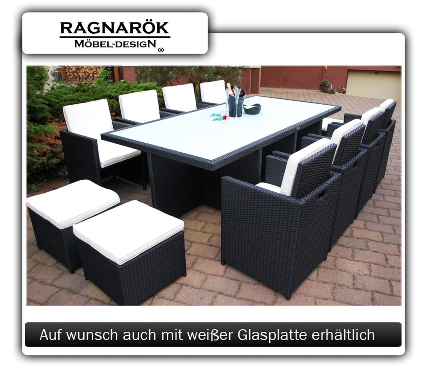 Ragnarök-Möbeldesign Wieland Premium PolyRattan Essgruppe - Deutscher Hersteller - 8 Jahre GARANTIE - Tisch Stuhl Hocker schwarz Aluminium