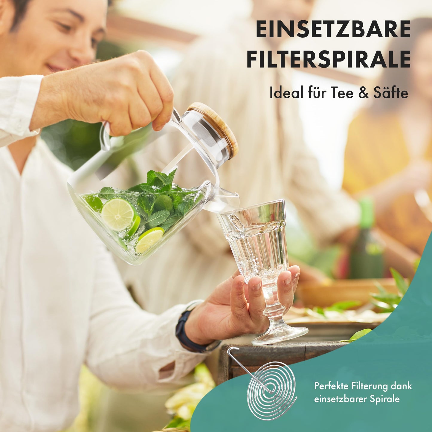 EDELHAUS® Wasserkaraffe/Glaskaraffe mit Deckel 1,6 Liter - Auch als Teekanne Glas mit Siebeinsatz - Robuste Karaffe Glaskrug mit Bambus Deckel - Wasserkrug, Glaskanne, Wasserkanne inkl. Untersetzer