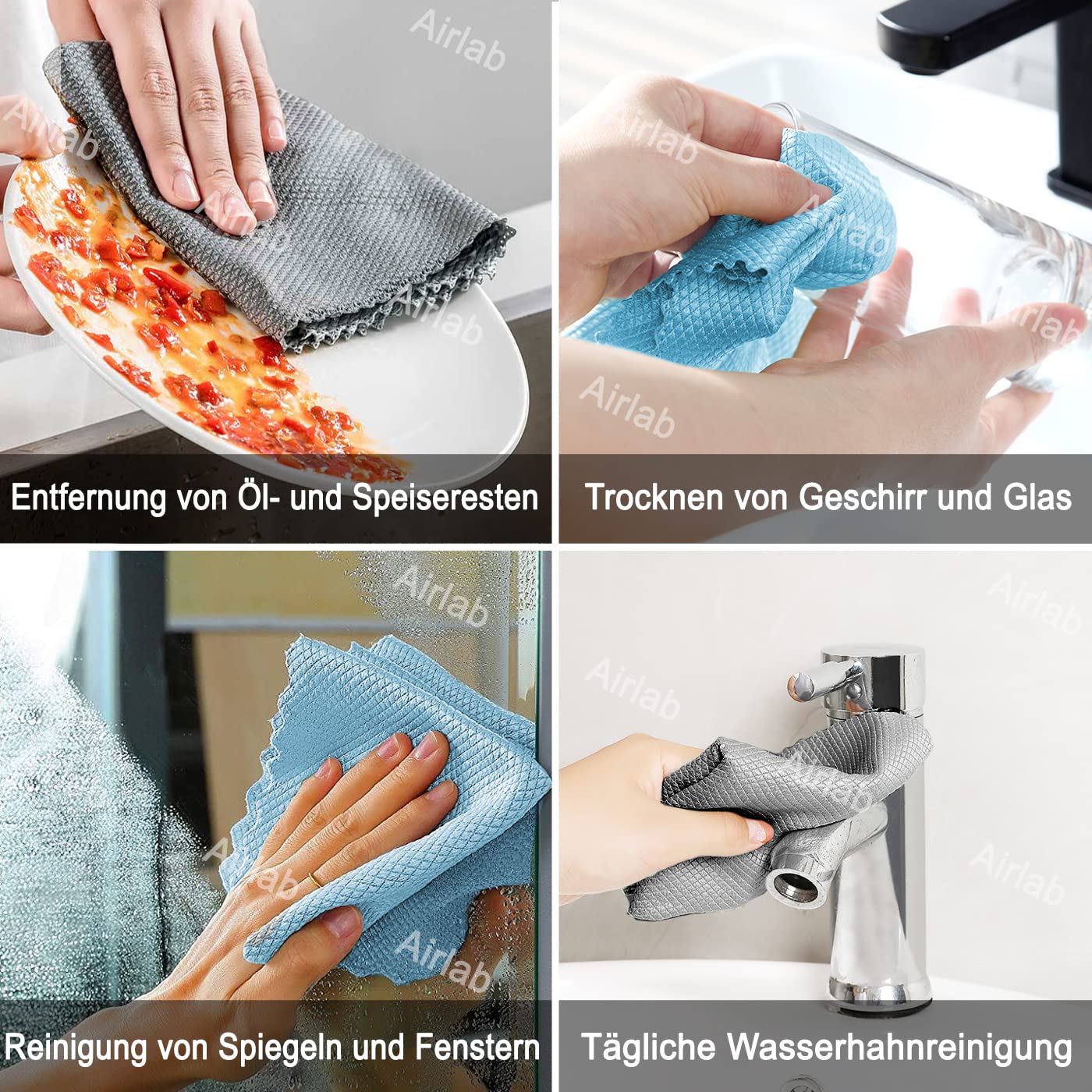 Airlab 8X Mikrofasertücher Putztücher, Nano Streifenfrei Fenstertuch Geschirrtücher, Fishscale Reinigungstücher für Auto, Fenster, Brille, Küche, Glas, Spiegel, Wasserhahn und Bad, 40x30 cm