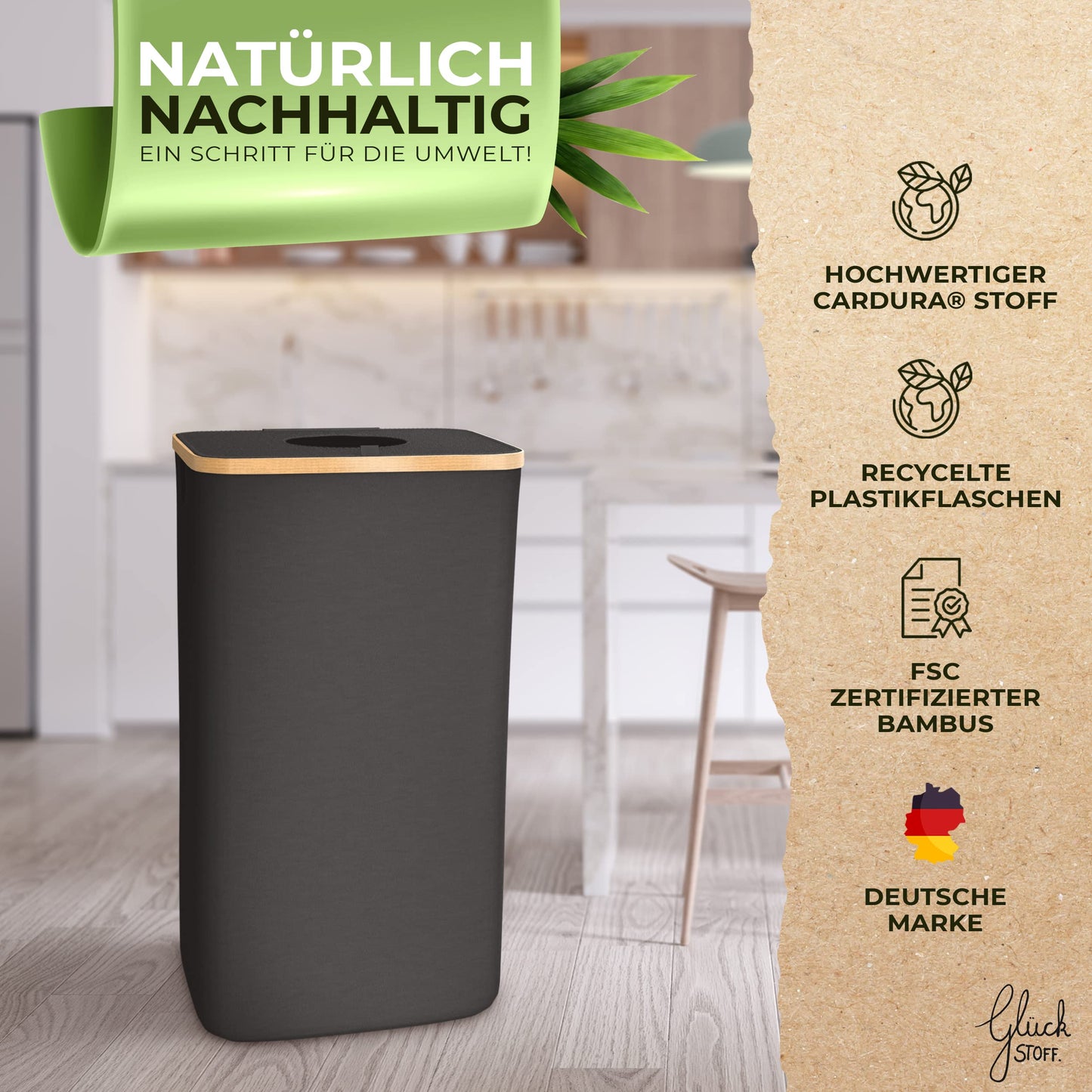 Glückstoff® Pfandflaschen Aufbewahrung [inkl. XXL Tragetasche] Sammel-Behälter Leergut Flaschenträger Pfandflaschen | Flaschensammler mit Loch Küche Flaschentasche | Schwarz