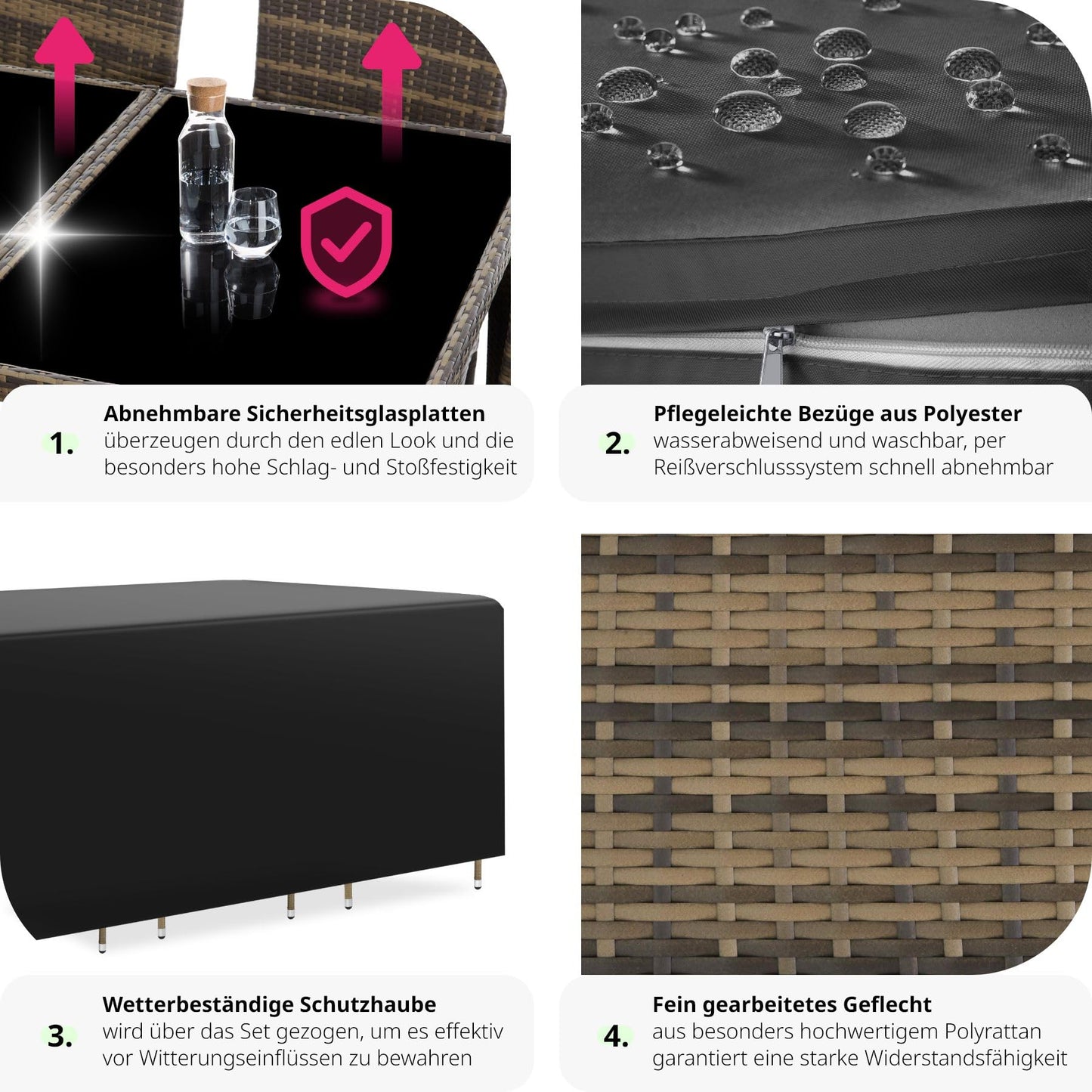 tectake Aluminium Poly Rattan Gartenmöbel Set 8 Stühle mit Tisch mit Glasplatten, inkl. 2 Bezugssets und Schutzhülle, wetterfeste Balkon Möbel - Natur