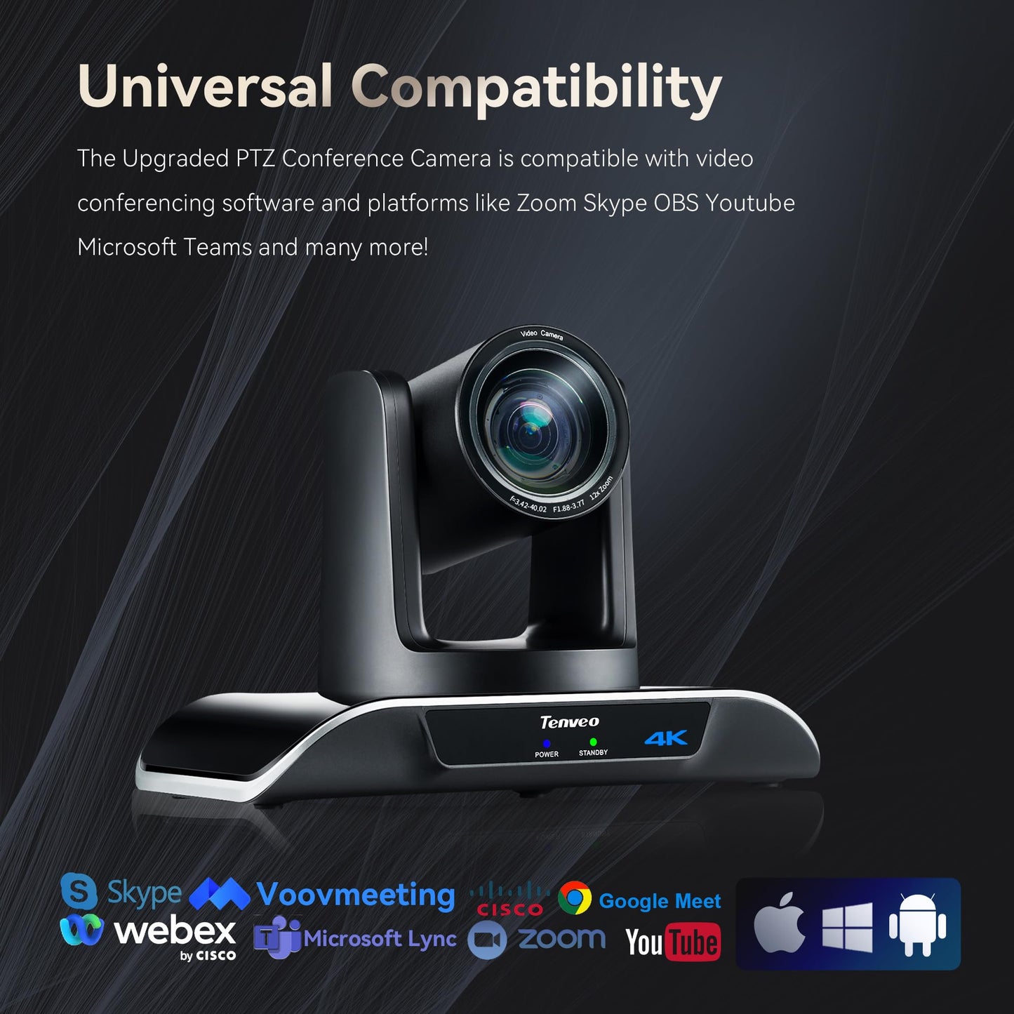 Tenveo 4K PTZ Konferenzraum Kamera 12X Optischer Zoom USB3.0/HDMI Weitwinkel PTZ Kamera für Videokonferenz Kirche,Skype/Zoom/OBS/YouTube Live Streaming