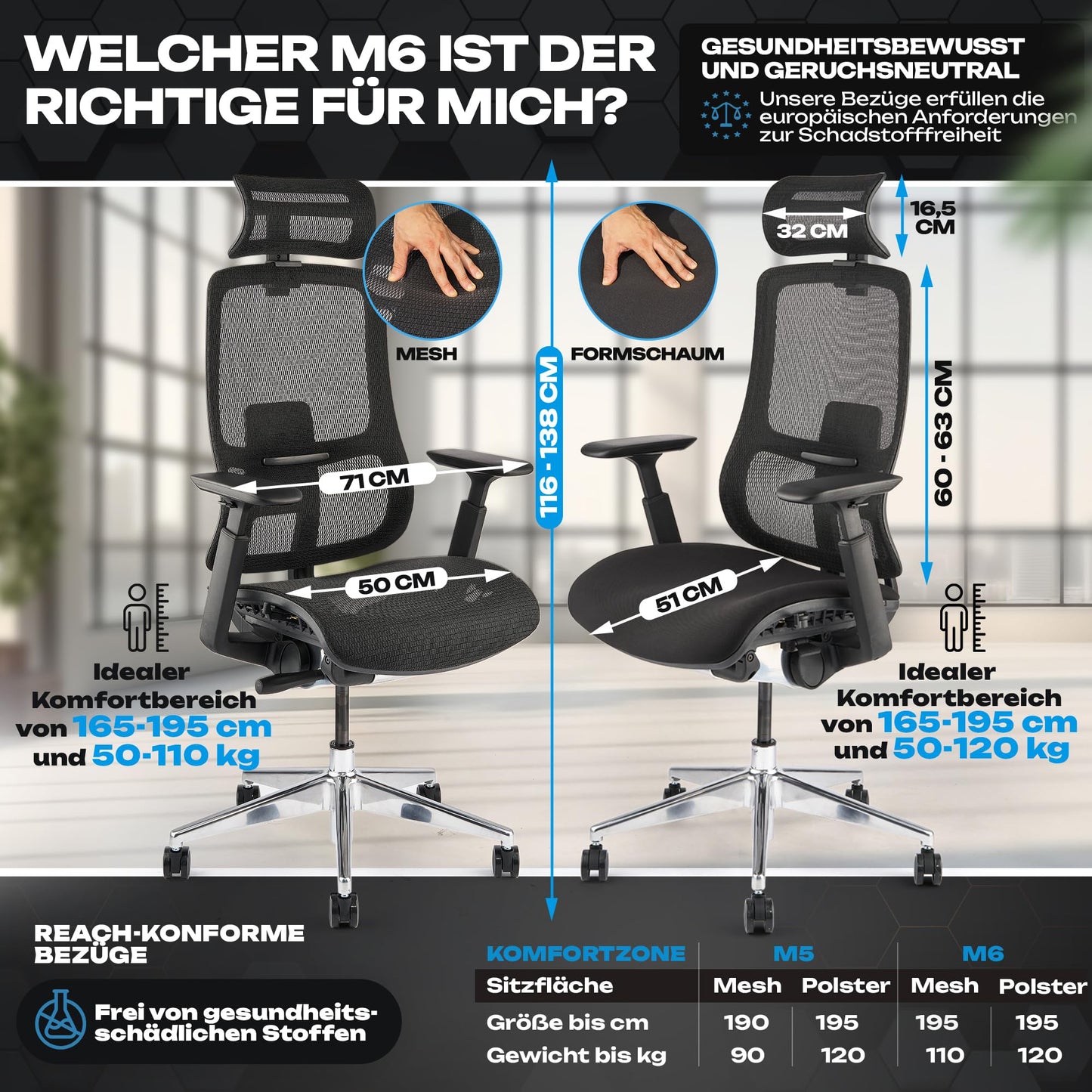 VALKENSTOL M6 Bürostuhl Ergonomisch - Auch Grosse Menschen Polster-Sitz - Ergonomischer Bürostuhl Chefsessel Bürostuhl Schreibtischstuhl Office Chair