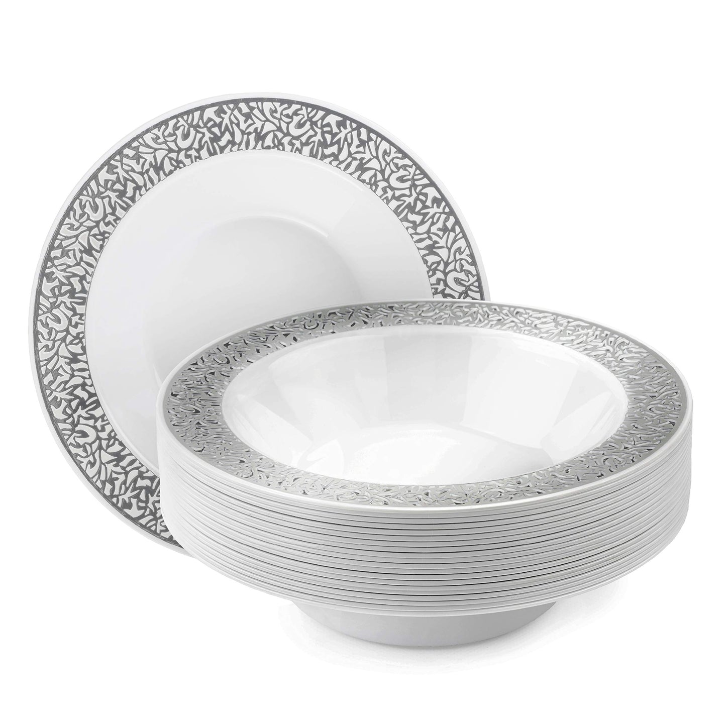 MATANA 20 Weiße Plastikschalen mit Silbernem Rand, 360ml - Dessertschalen, Suppenschalen, Suppenteller für Hochzeiten, Geburtstage, Taufen, Weihnachten & Partys - Mehrweg & Stabil