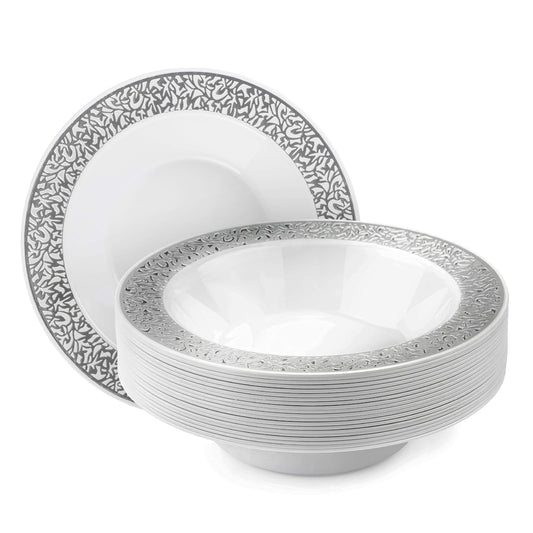 MATANA 20 Weiße Plastikschalen mit Silbernem Rand, 360ml - Dessertschalen, Suppenschalen, Suppenteller für Hochzeiten, Geburtstage, Taufen, Weihnachten & Partys - Mehrweg & Stabil