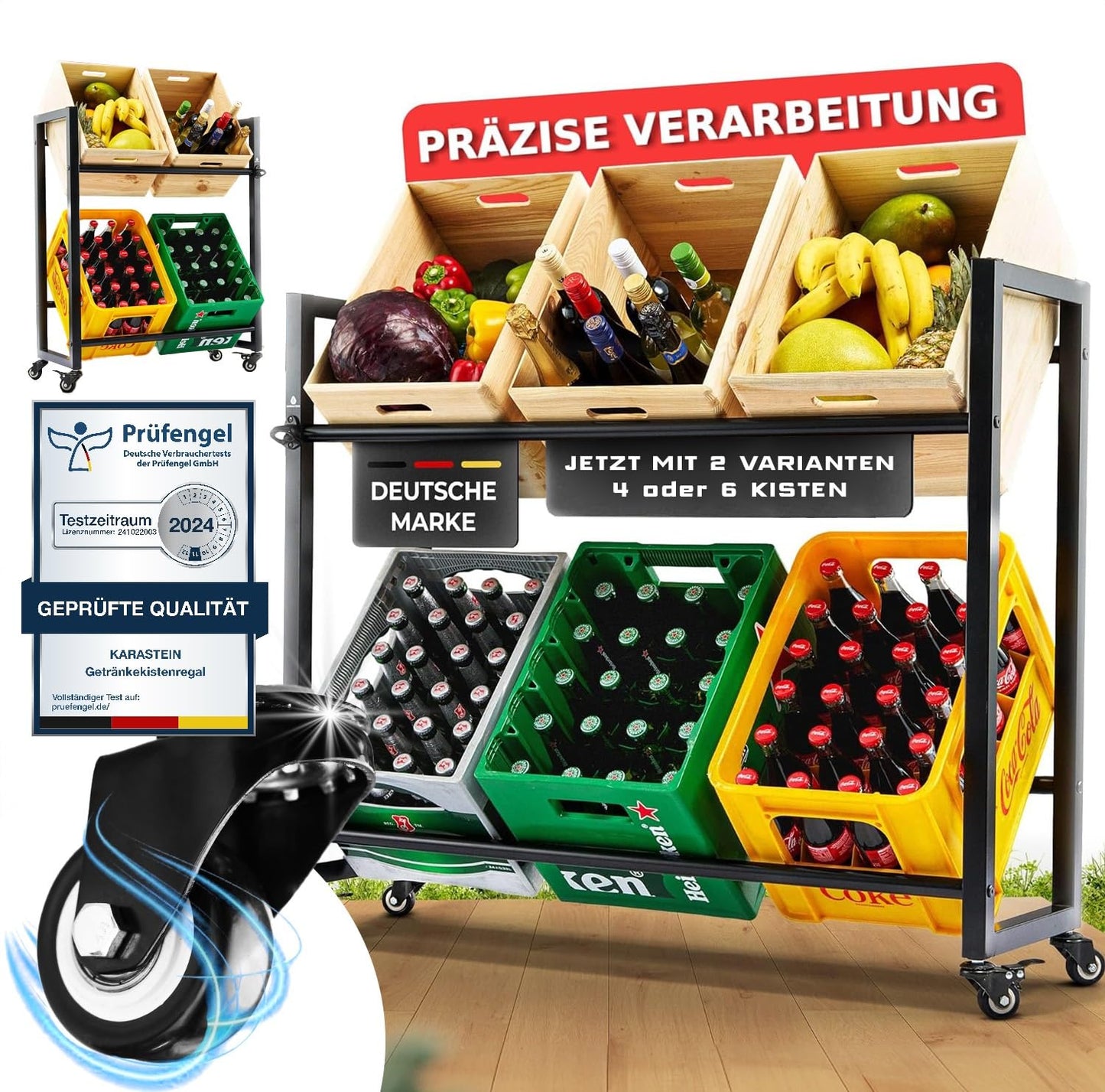 KARASTEIN® Getränkekistenregal 4/6 Kisten Flaschenregal [mit Rollen und Flaschenöffner] Transportieren & Lagern Getränkeregal Kistenregal Regal Getränkekisten Bierkisten Regal Farbe Elegantes Schwarz