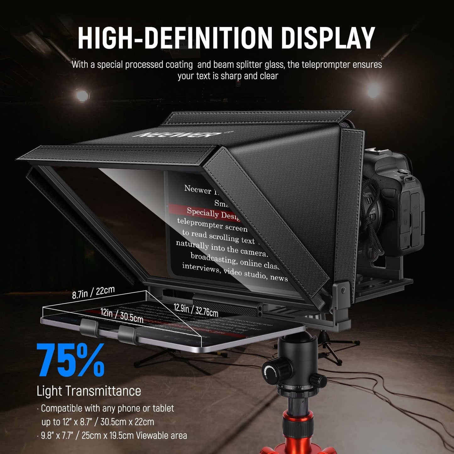NEEWER X12 Teleprompter aus Aluminium mit RT 110 Fernbedienung und App Steuerung, kompatibel mit iPad, iOS/Android Tablet, Smartphone, DSLR Kamera, Ganzmetallkonstruktion (kein Kunststoff) Tasche
