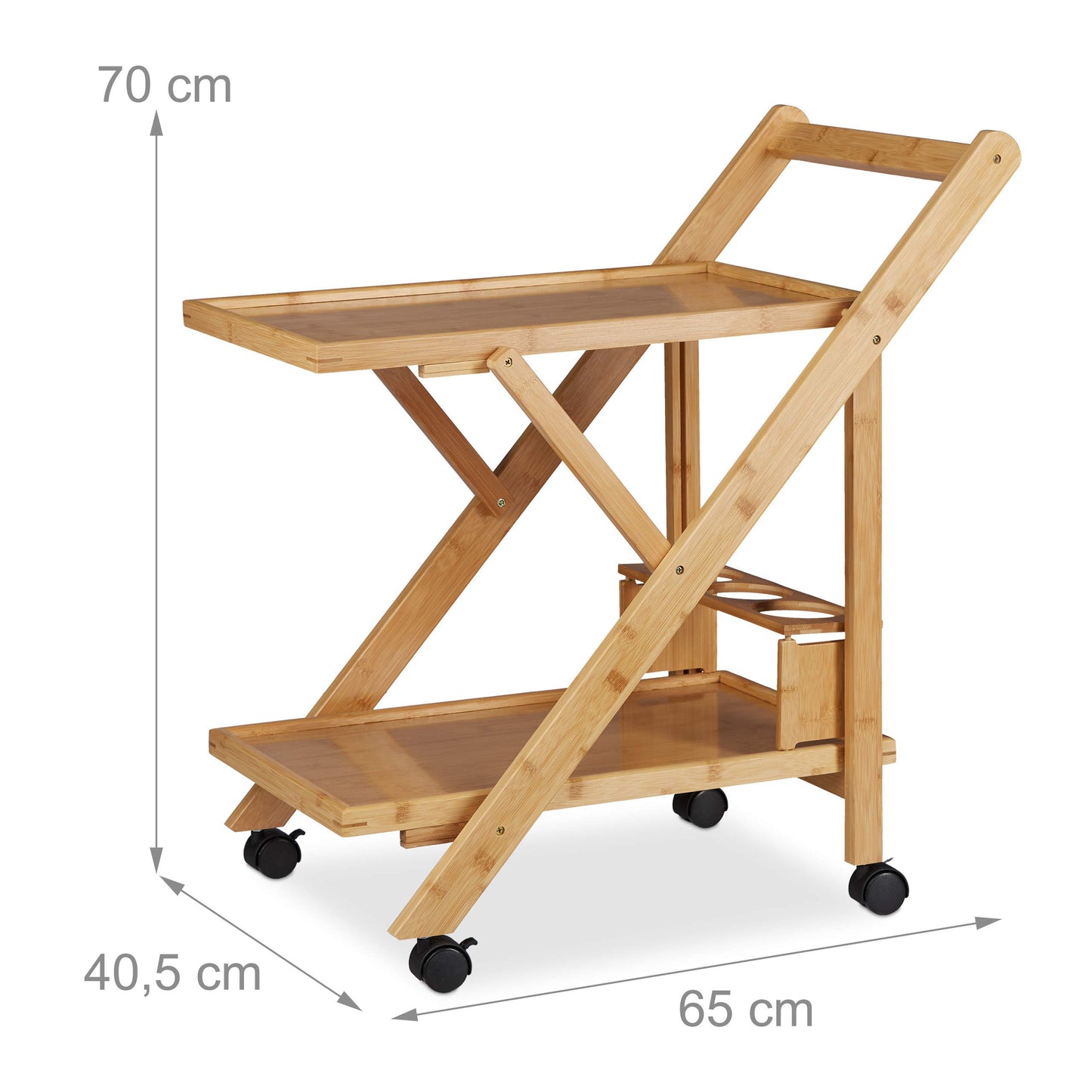 Relaxdays Küchenwagen Bambus, Servierwagen klappbar mit Flaschenhalter, Rollwagen Holz, 65 x 40.5 x 70 cm, natur