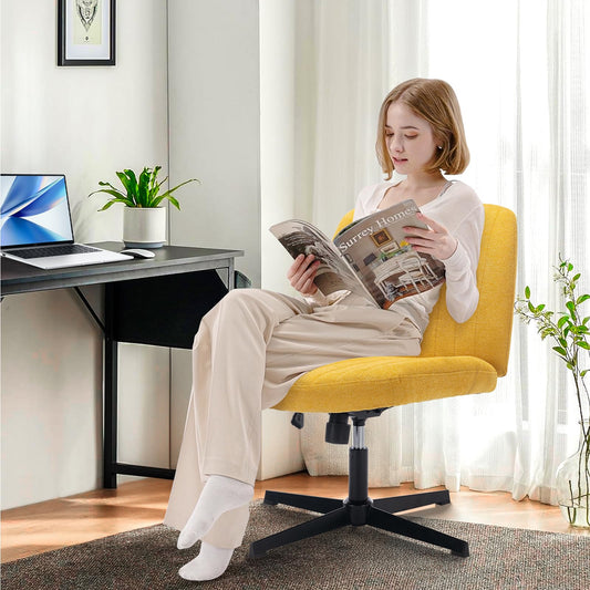 COLAMY Breiter Bürostuhl, Gepolsterter Armloser Schreibtischstuhl Drehbarer Home Office Stuhl 115° Wippfunktion Ergonomischer Computerstuhl für Home Office, Schminken, Gaming (Kreuzfuß, Gelb)