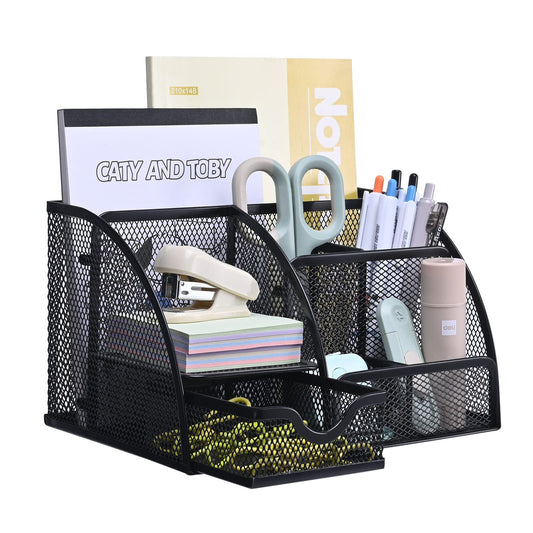 MumdoYAL Schreibtisch Organizer, Mesh Metall Büro Organizer mit Schublade und Stifthalter für Stifte, Haftnotizen, Hefter, Ordnerklammern, Schwarz