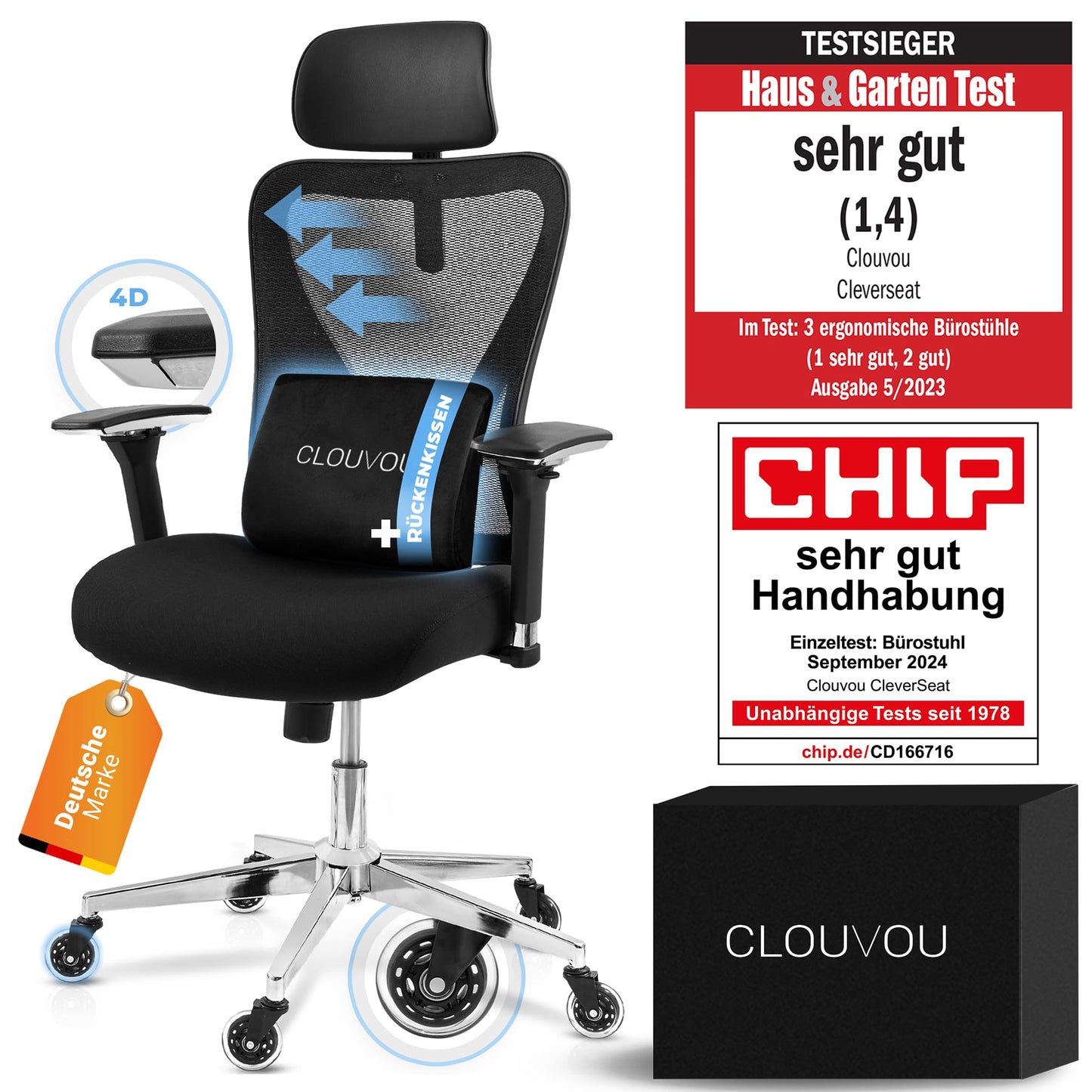 CLOUVOU CleverSeat Bürostuhl Ergonomisch [TESTSIEGER] Schreibtischstuhl 100% individuell einstellbar | Büro Stuhl & Gaming Stuhl | Computerstuhl Home Office Chair Ergonomic | Drehstuhl 150 kg