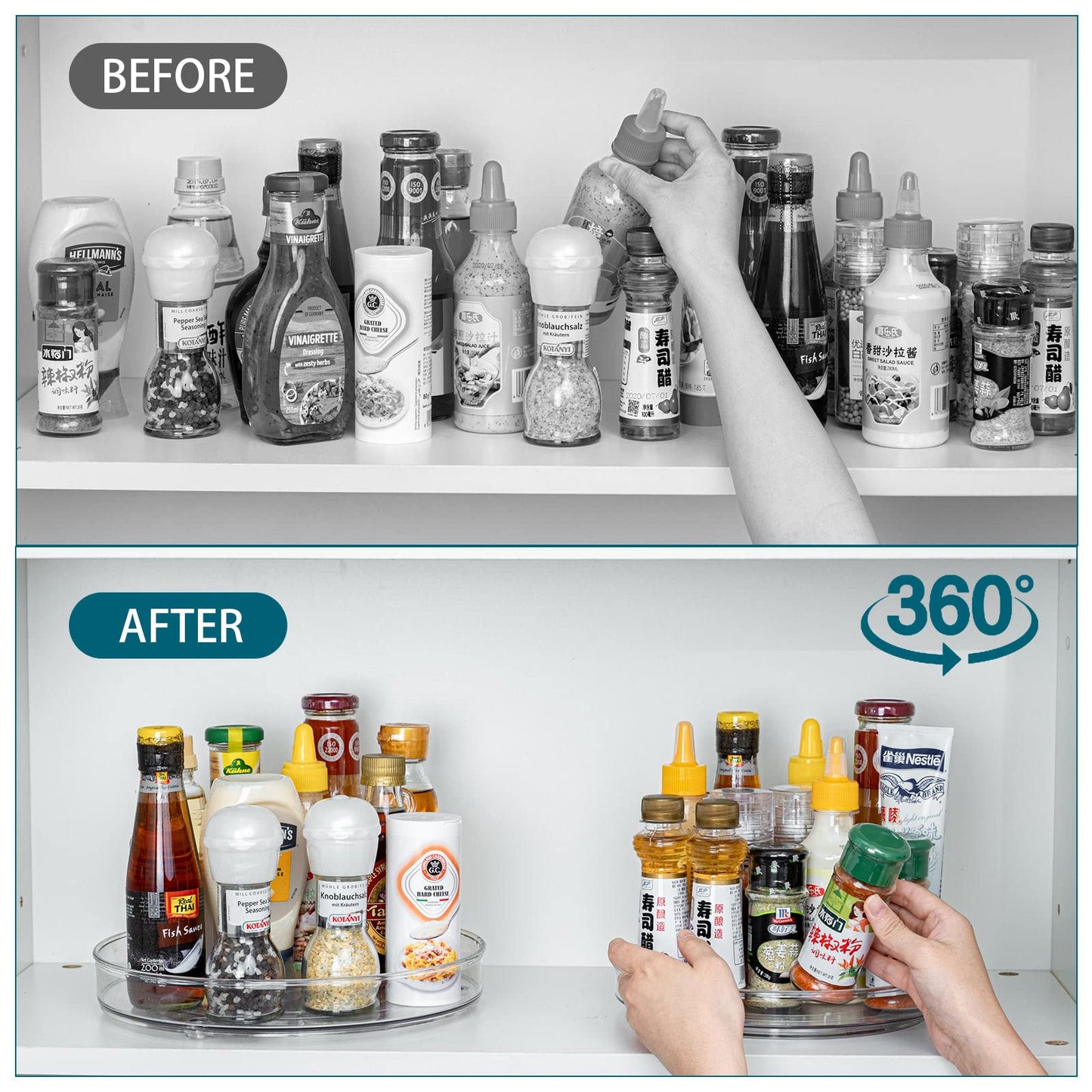 LUZOON Kühlschrank Organizer 2 Stück:27+23cm, Schrank Organizer Küchen Lazy Susan 360° Drehbarer Gewürzhalter – Transparent (Transparent, 2PCS：27cm+23.5cm)