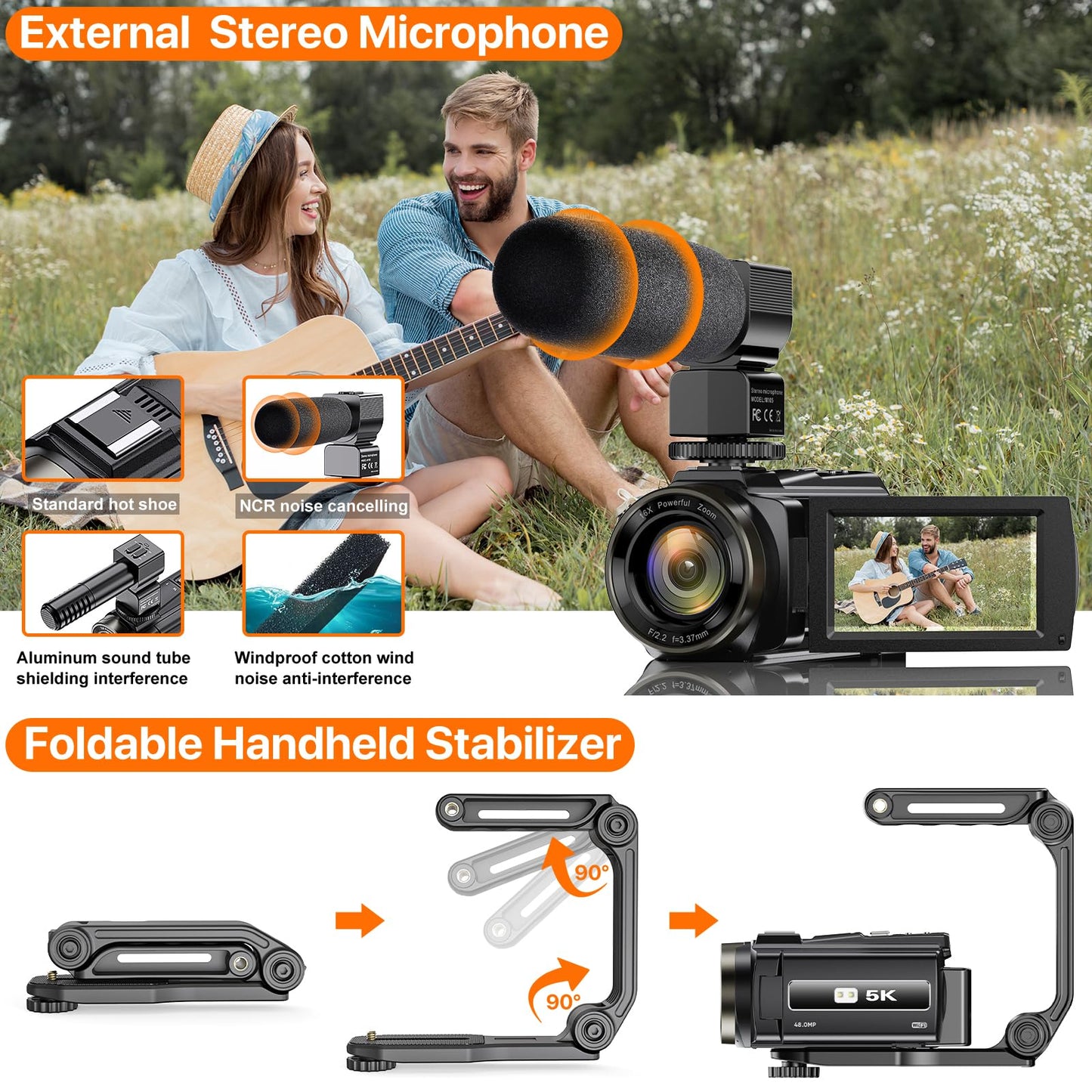 Videokamera 5K Camcorder WiFi HD 48MP IR Nachtsicht Vlogging Kamera für YouTube 16X Digital Zoom 3" Touchscreen Kamera Recorder mit Mikrofon, Handstabilisator, Objektivhaube, Fernbedienung,2 Batterien