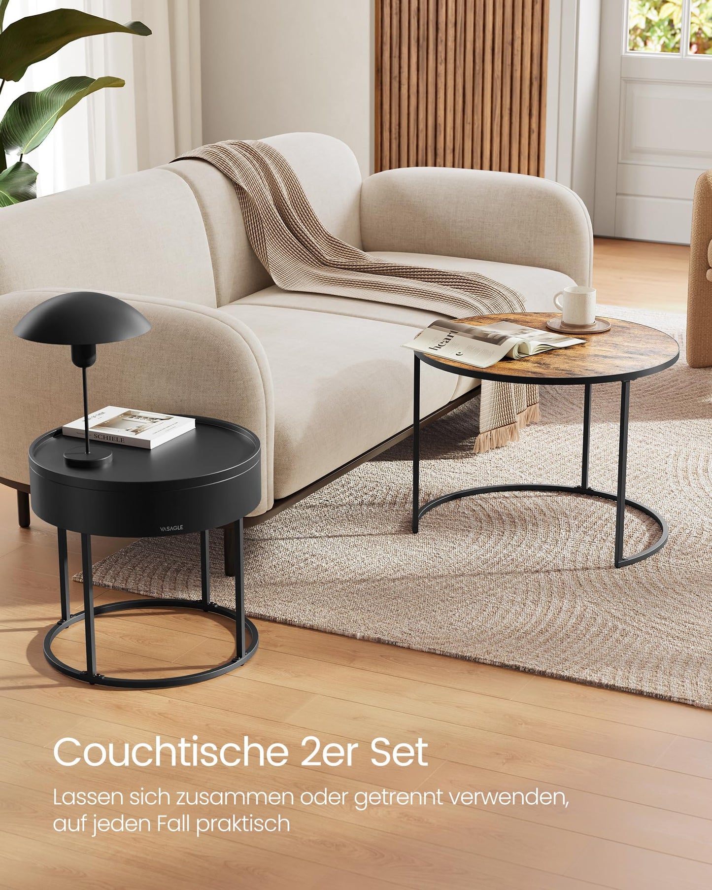 VASAGLE Couchtisch rund, 2er Set, Beistelltisch, Satztisch, modern, versteckter Stauraum, Tablett, für Wohnzimmer, Schlafzimmer, Balkon, vintagebraun-tintenschwarz LCT044K01