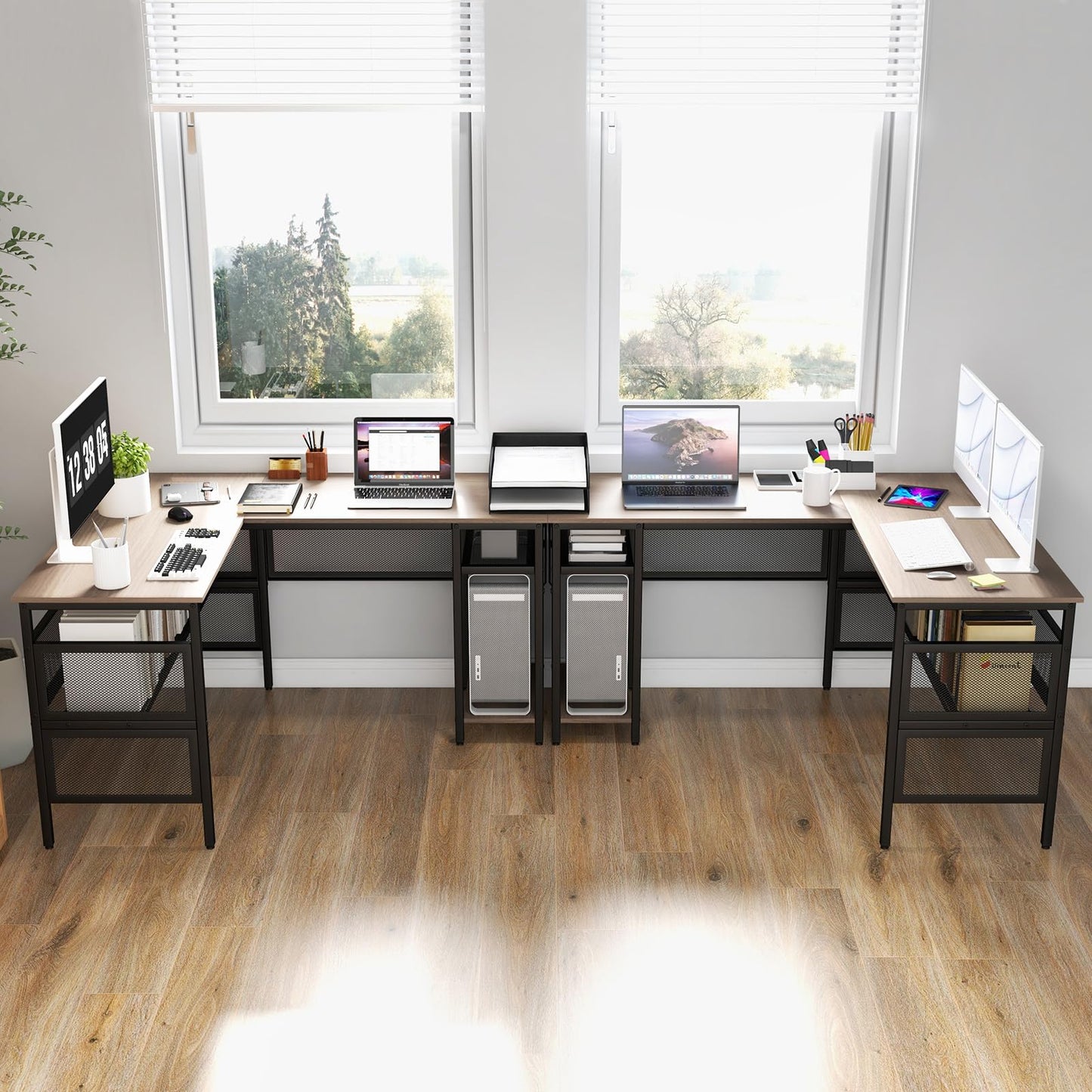 COSTWAY L-förmiger Schreibtisch, reversibler Eckschreibtisch mit Gitterregalen & CPU-Ständer, Ecktisch, Computertisch, Bürotisch für Home Office, 140 x 120 x 74 cm