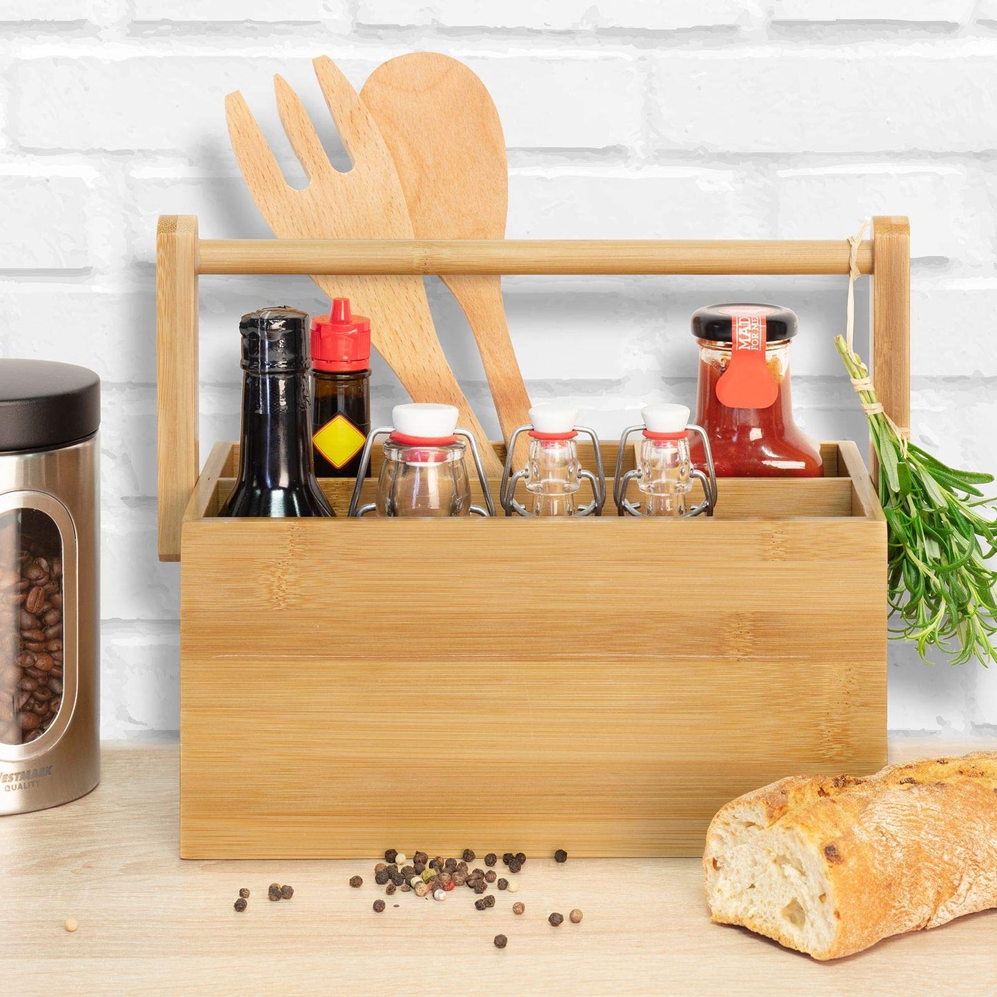 Westmark Küchen-Organizer/Tischbutler, 4 Fächer, mit Tragegriff, Maße: 28 x 15 x 22 cm, Bambus, Tapas + Friends, Hellbraun, 69802270