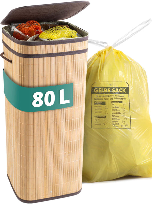HOMELYN Gelber Sack Ständer I 80L, aus Bambus I Stabiler Müllsackständer mit Deckel I Extra für gelbe Säcke I Gelber Sack Mülleimer I Behälter gelbe Säcke für Küche & Haushalt