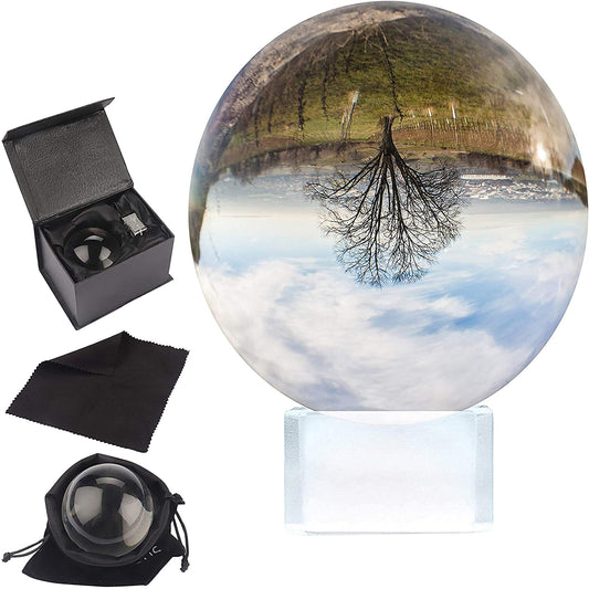BELLE VOUS K9 Glaskugel 80mm - 8cm Fotokugel mit Kristall Ständer, Samt Tasche, Mikrofasertuch, Geschenkbox – Klare Kristallkugel Lensball für Fotografie – Glas Kugel Wahrsager & Meditation