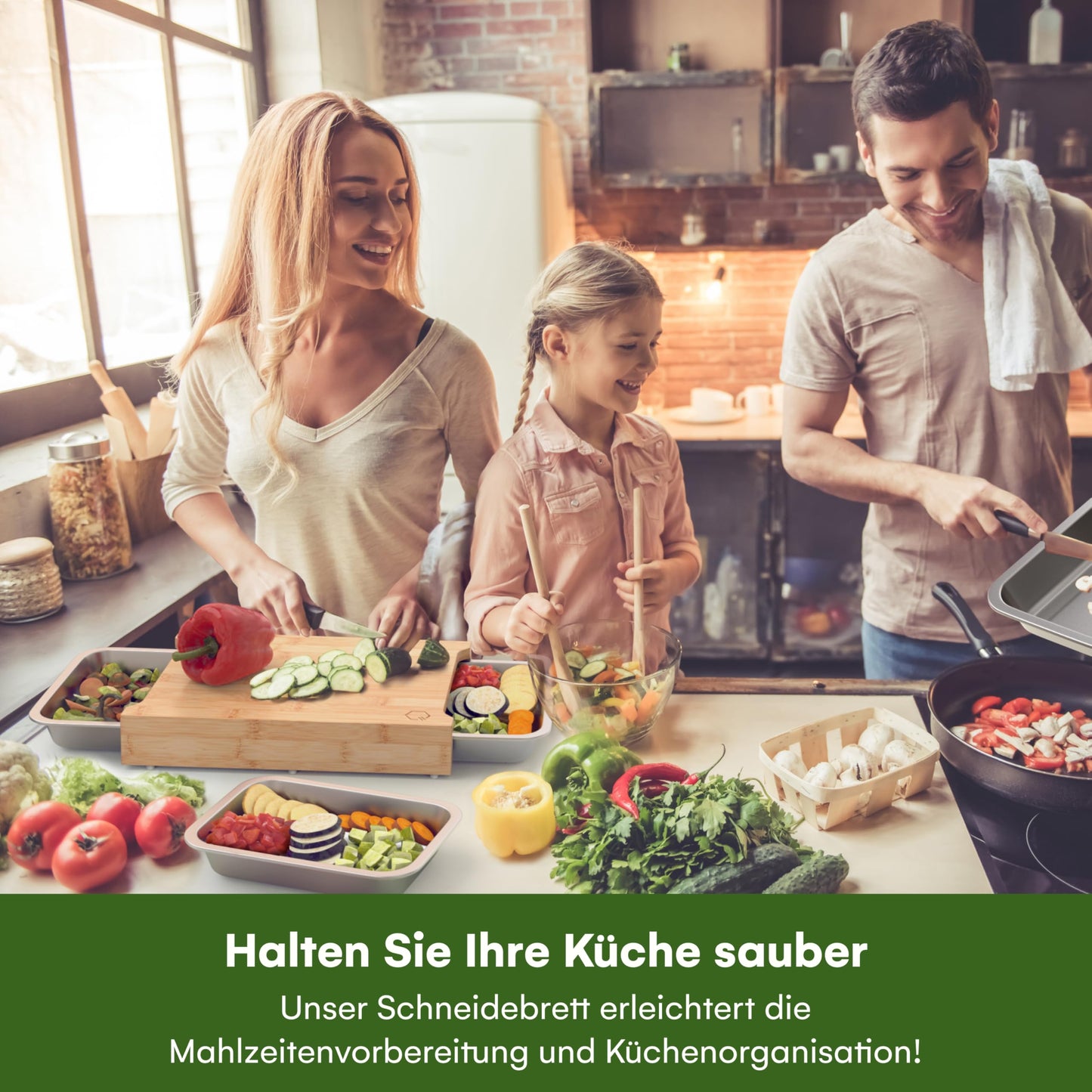 Liebspecht Bambus Schneidebrett Set mit 3 Auffangschalen, Extra Groß - Bambus Schneidebrett mit Auffangschale, Verbesserte Version - Schneidbrett mit Auffangschale