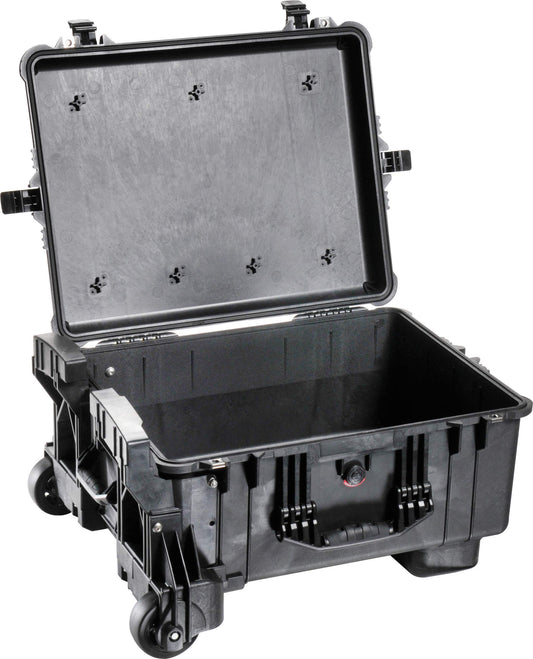 Peli 1610M Stabiler Transportkoffer mit Robusten Rollen, IP57 Wasser- und Staubdicht, 63L Volumen, Made in US, Ohne Schaumstoffeinsatz, Schwarz, 016100-0019-110E