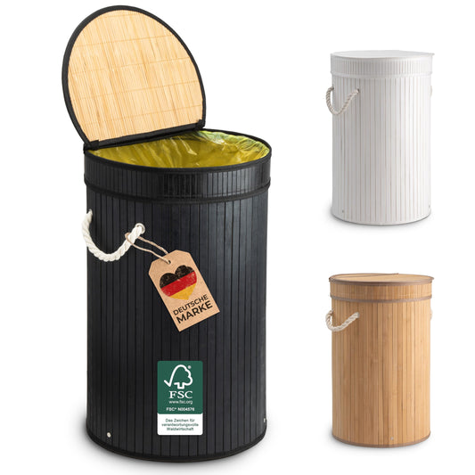 Ecojoo® Premium Gelber Sack Ständer aus FSC®-Bambus -doppelt verstärkt, Mülleimer Küche-geruchsdicht, Müllsackständer, Pfandflaschen Sammelbehälter, Abfalleimer Küche, Mülleimer 60l (schwarz)