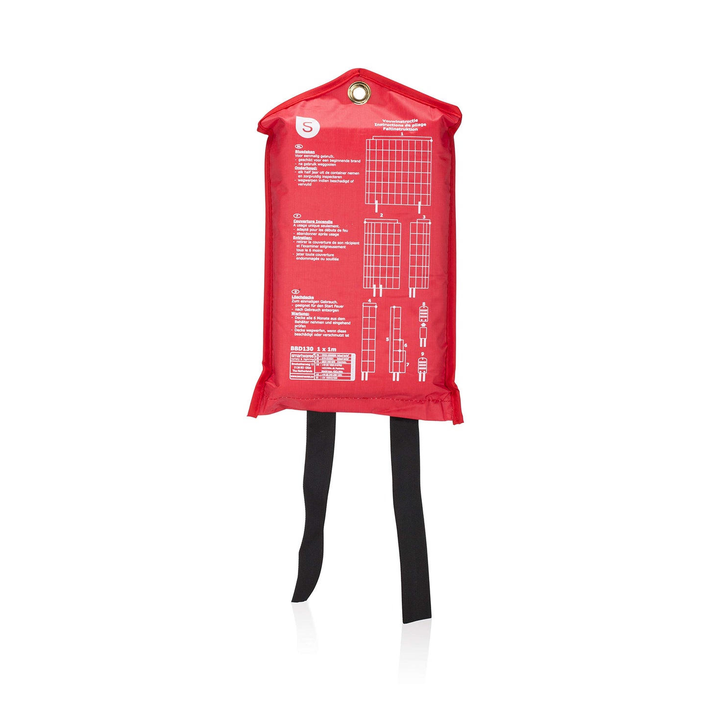 Smartwares 10.014.60 Feuerlöschdecke – 100 x 100 cm – Glasfasertuch – zur ersten Hilfe – inkl. Schutztasche mit Öse zur Aufhängung – nach EN1869:1997