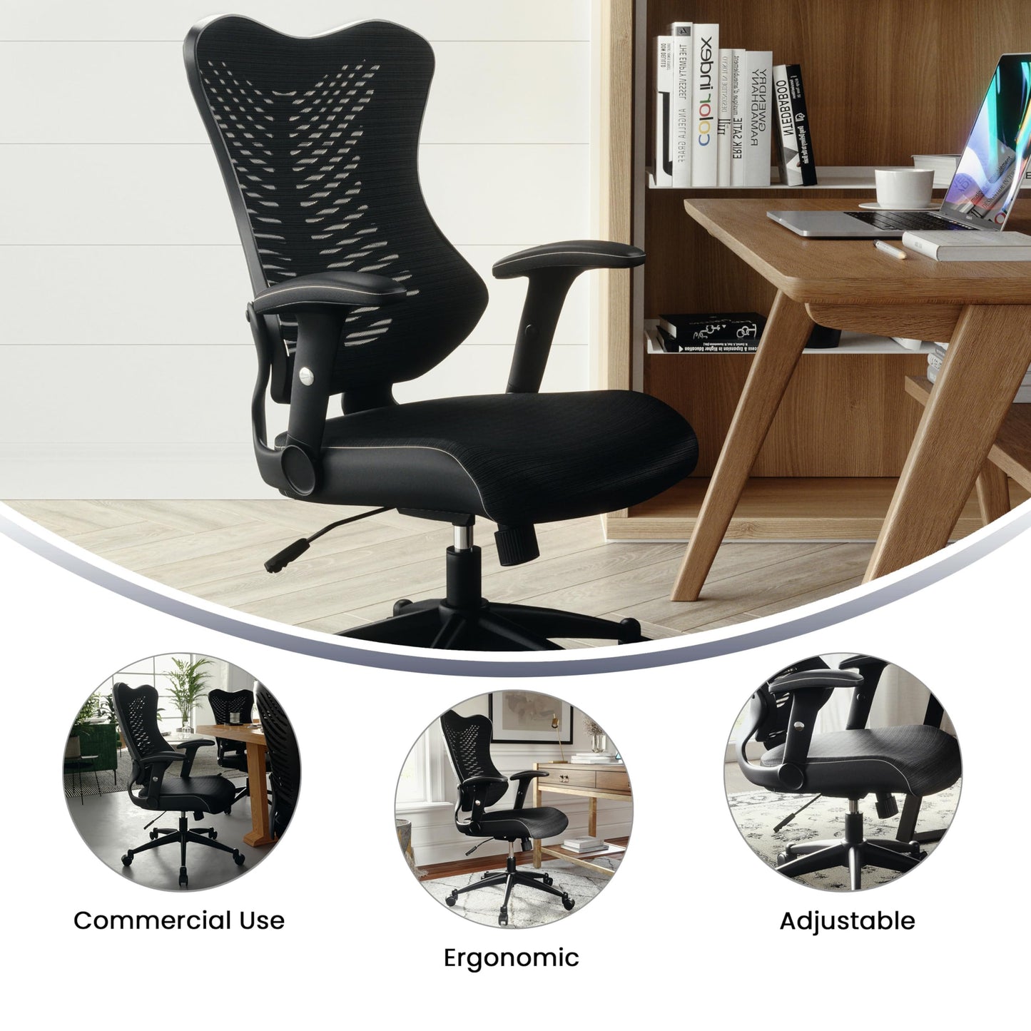 Flash Furniture Bürostuhl, ergonomisch, mit Netz-Rückenunterstützung, hoher Rückenlehne, höhenverstellbarem Sitz und feststellbarem Kipphebel, schwarz, 64 x 65 x 109 cm